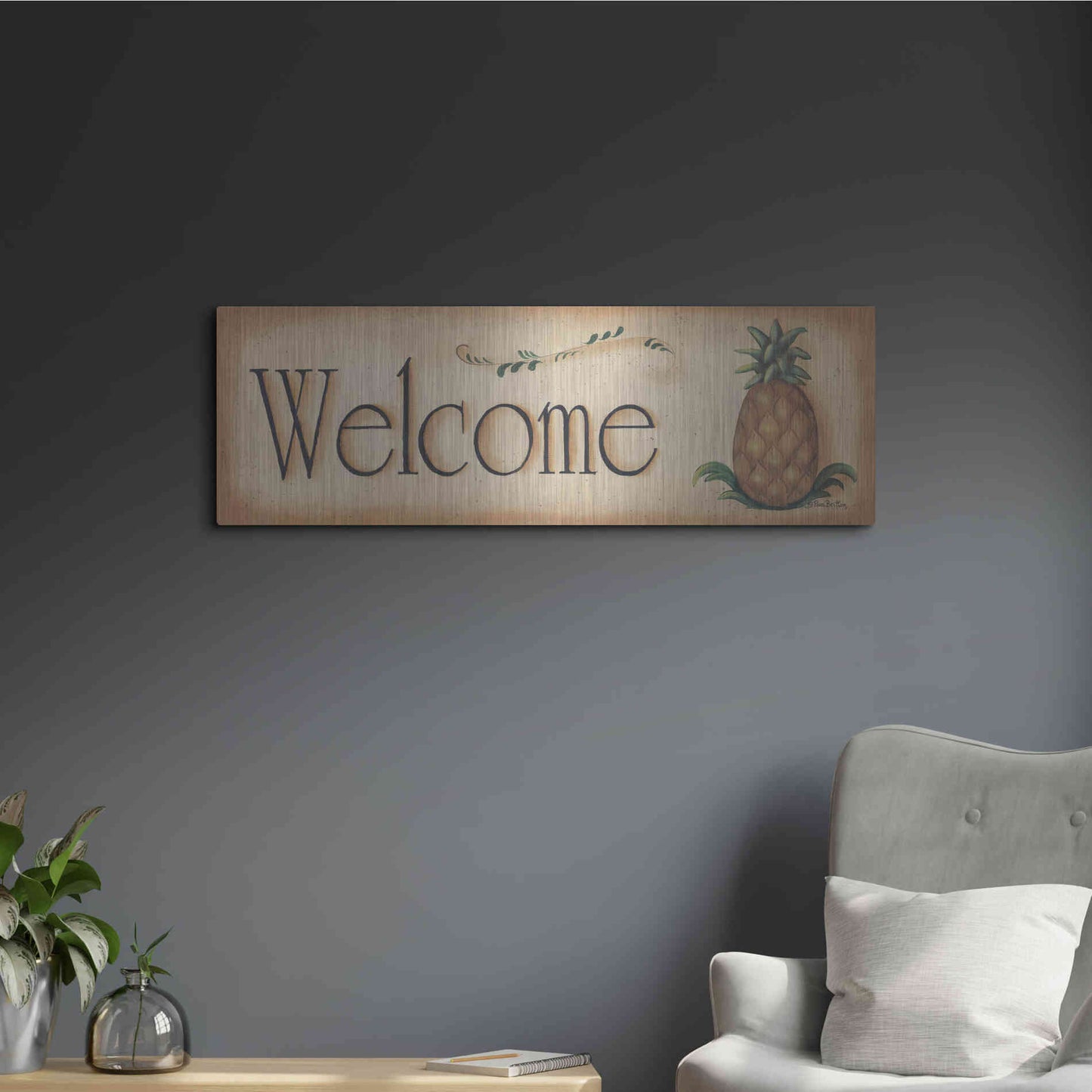 Luxe Metal Art 'Welcome' by Pam Britton, Metal Wall Art,36x12
