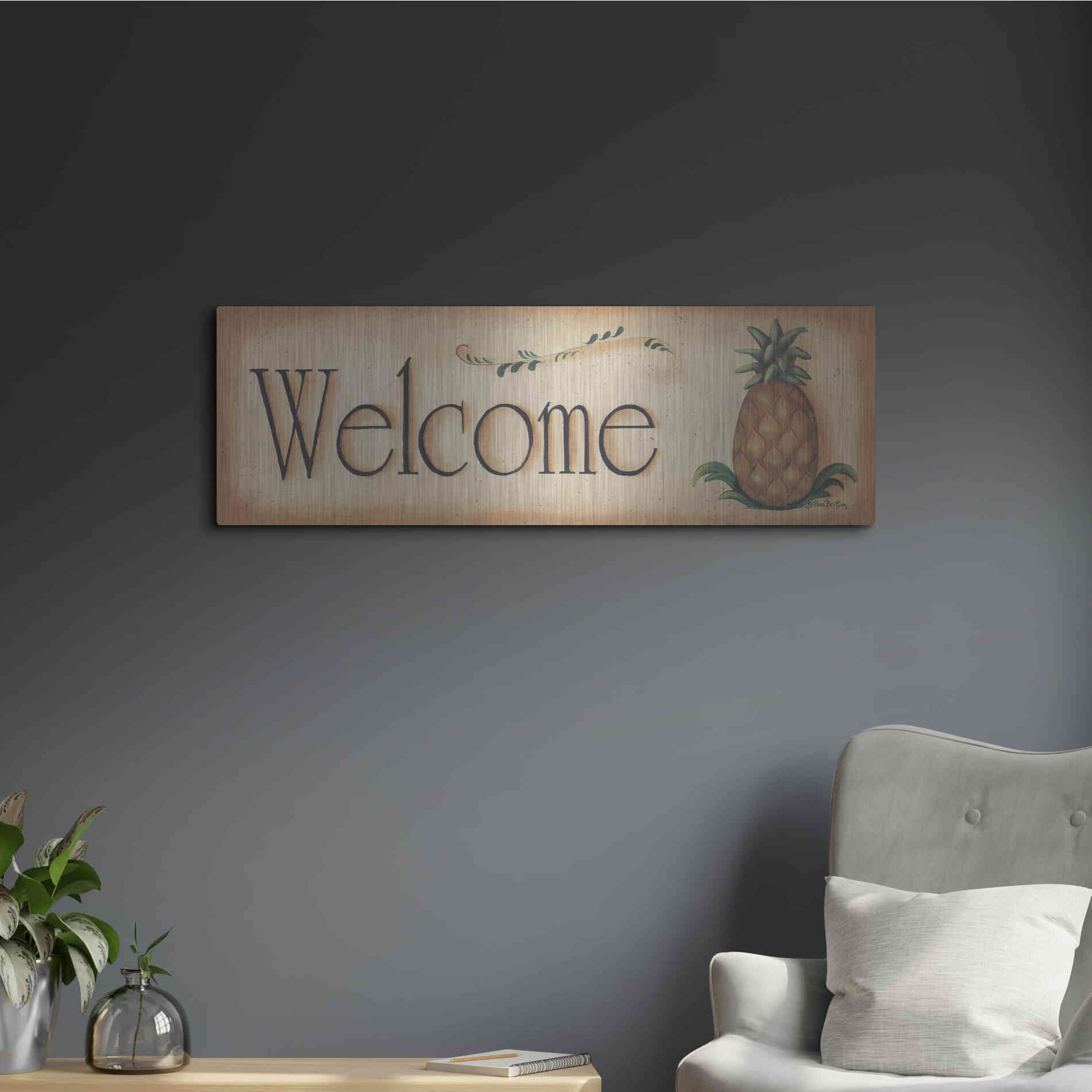 Luxe Metal Art 'Welcome' by Pam Britton, Metal Wall Art,36x12