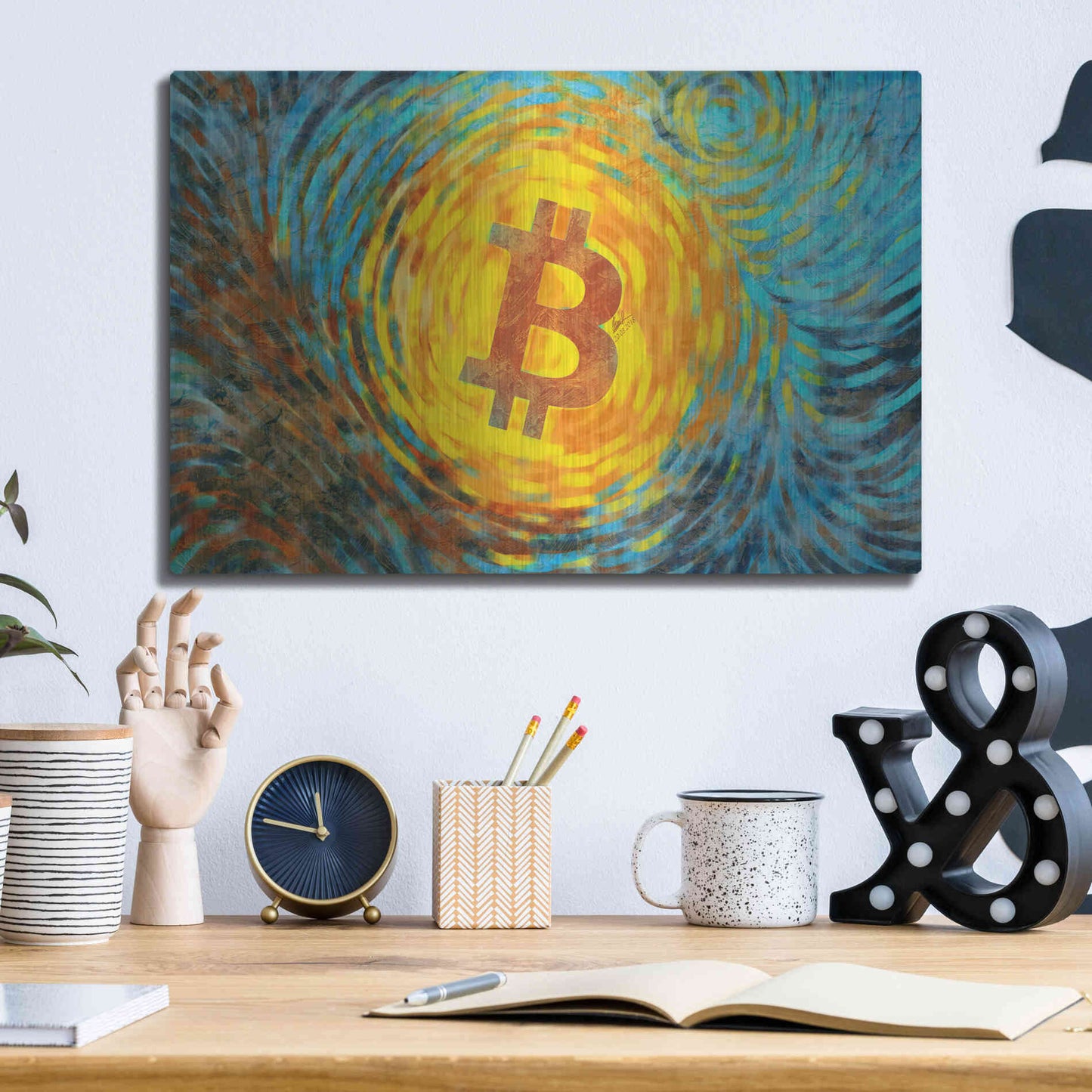 Luxe Metal Art 'Van Gogh Bitcoin' by Katalina, Metal Wall Art,16x12