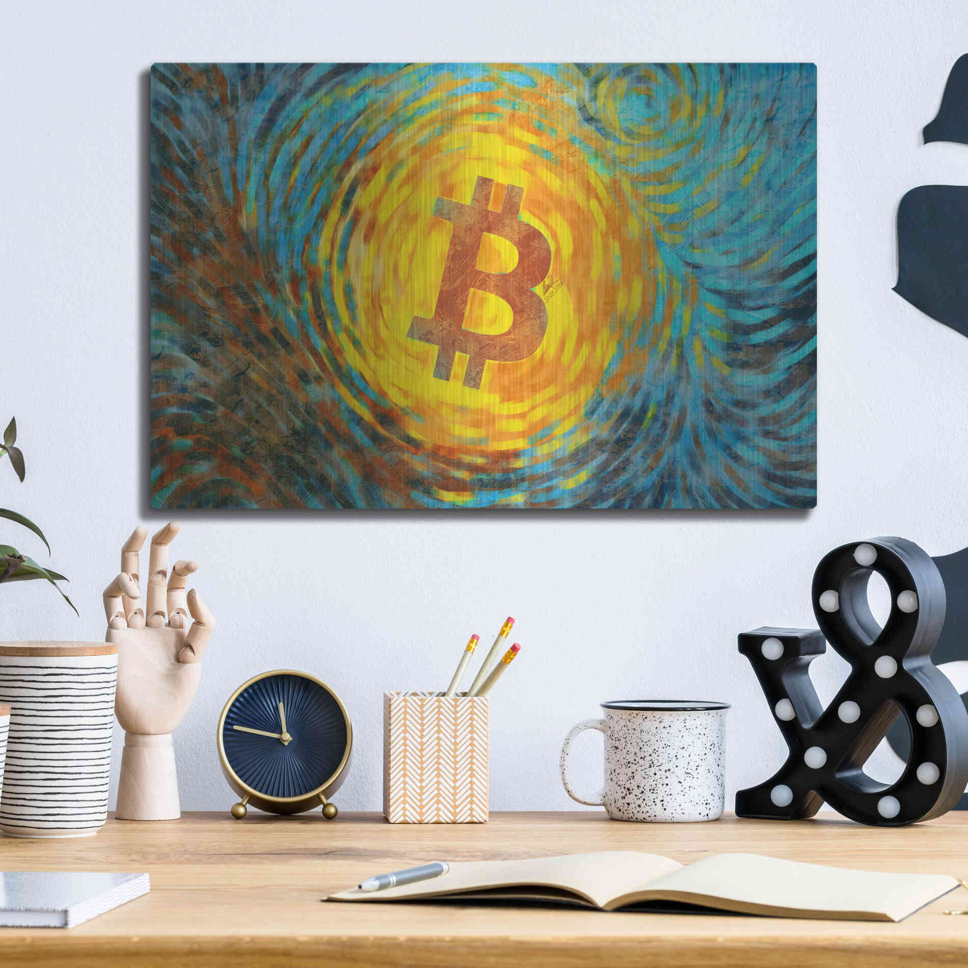 Luxe Metal Art 'Van Gogh Bitcoin' by Katalina, Metal Wall Art,16x12
