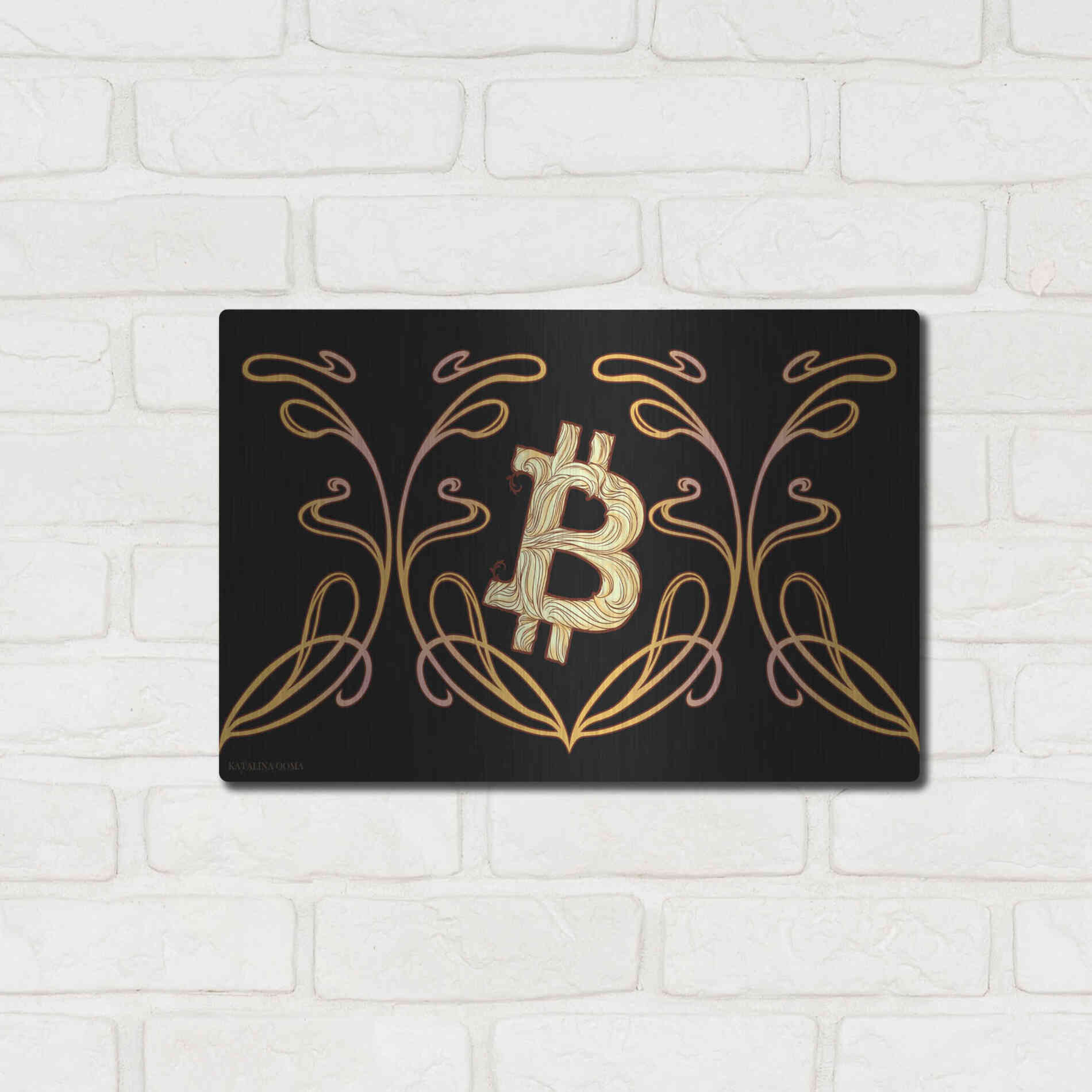 Luxe Metal Art 'Art Nouveau Bitcoin Gold' by Katalina, Metal Wall Art,16x12