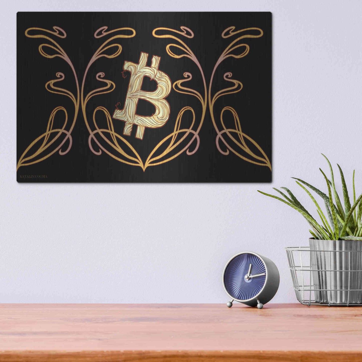 Luxe Metal Art 'Art Nouveau Bitcoin Gold' by Katalina, Metal Wall Art,16x12
