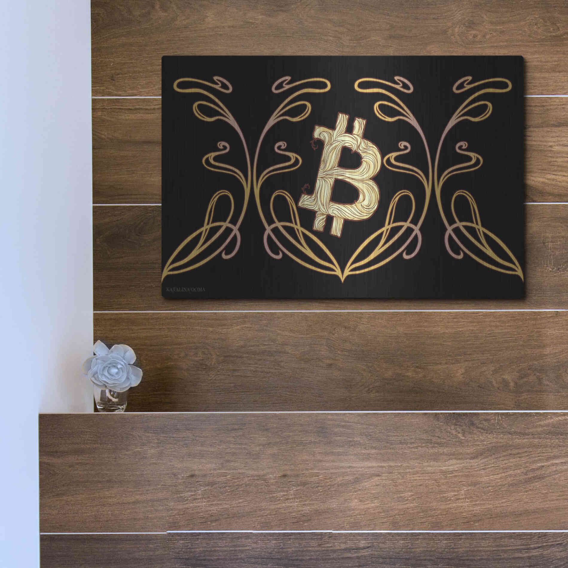 Luxe Metal Art 'Art Nouveau Bitcoin Gold' by Katalina, Metal Wall Art,16x12