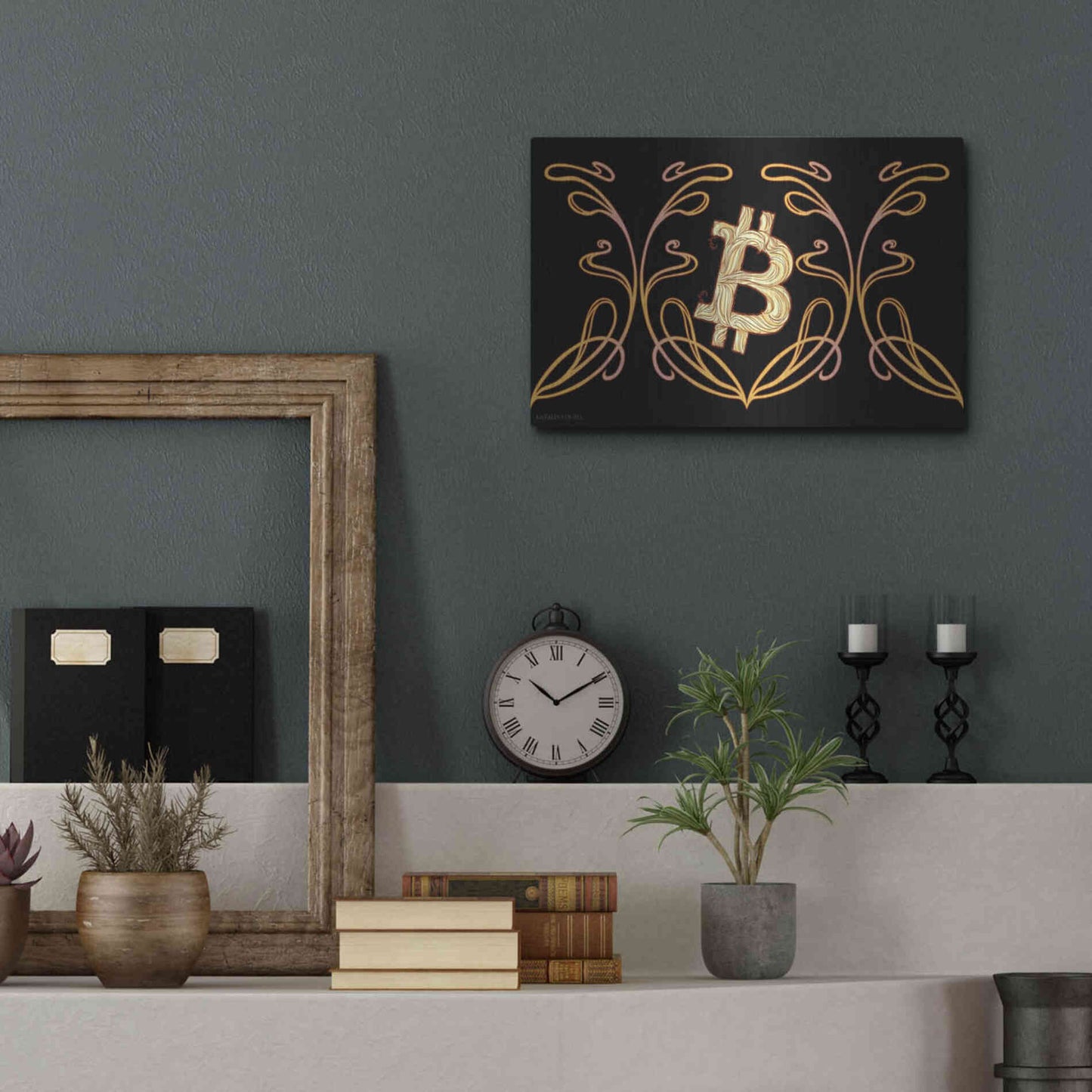 Luxe Metal Art 'Art Nouveau Bitcoin Gold' by Katalina, Metal Wall Art,16x12