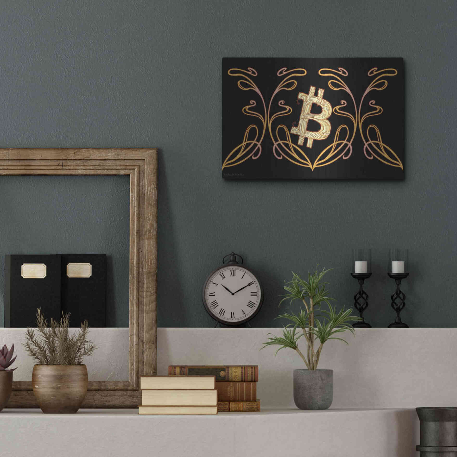 Luxe Metal Art 'Art Nouveau Bitcoin Gold' by Katalina, Metal Wall Art,16x12