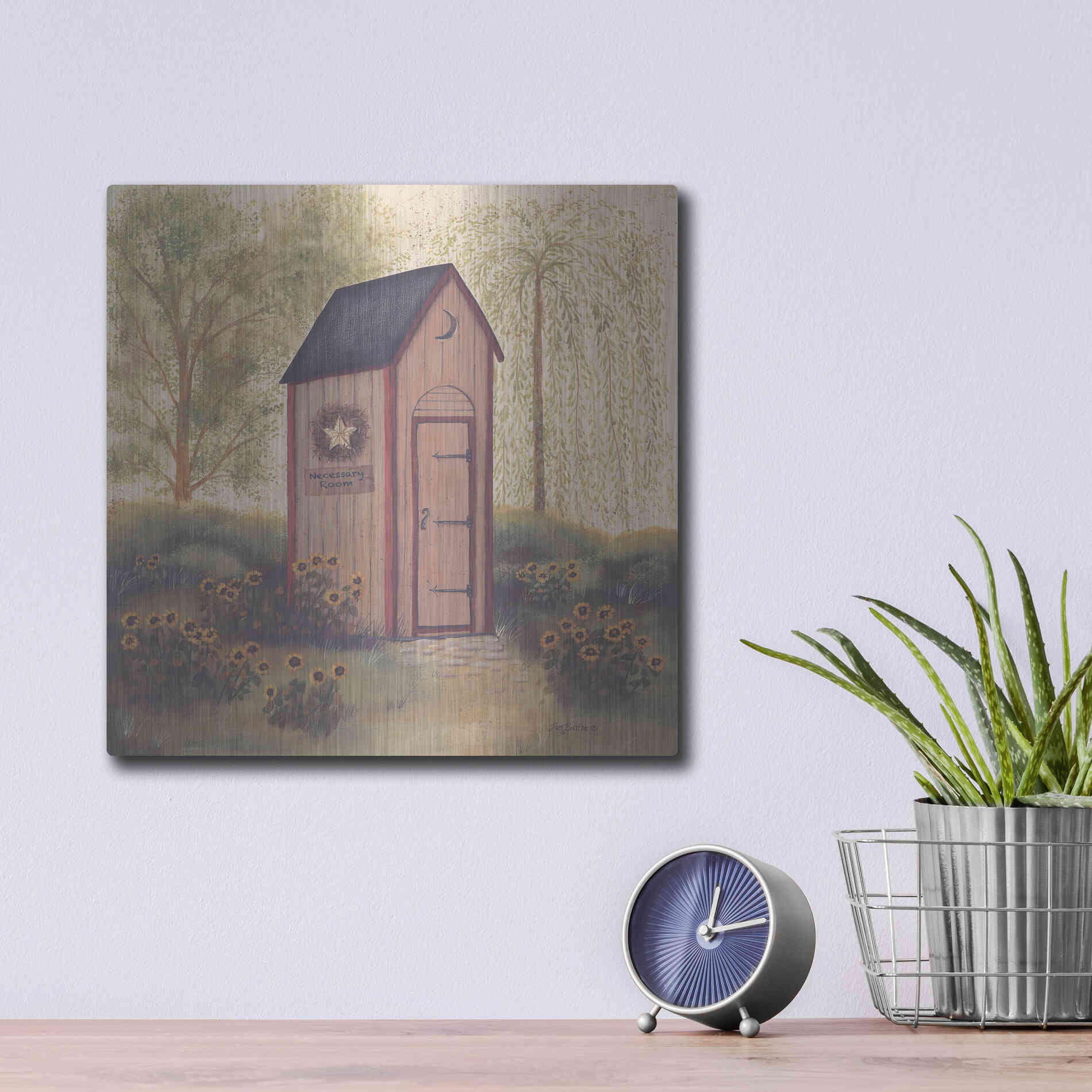 Luxe Metal Art 'Folk Art Outhouse I' by Pam Britton, Metal Wall Art,12x12