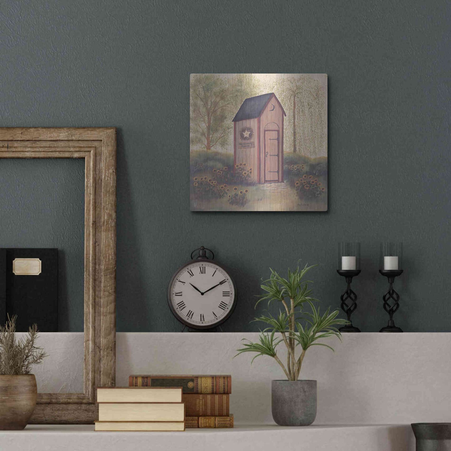 Luxe Metal Art 'Folk Art Outhouse I' by Pam Britton, Metal Wall Art,12x12