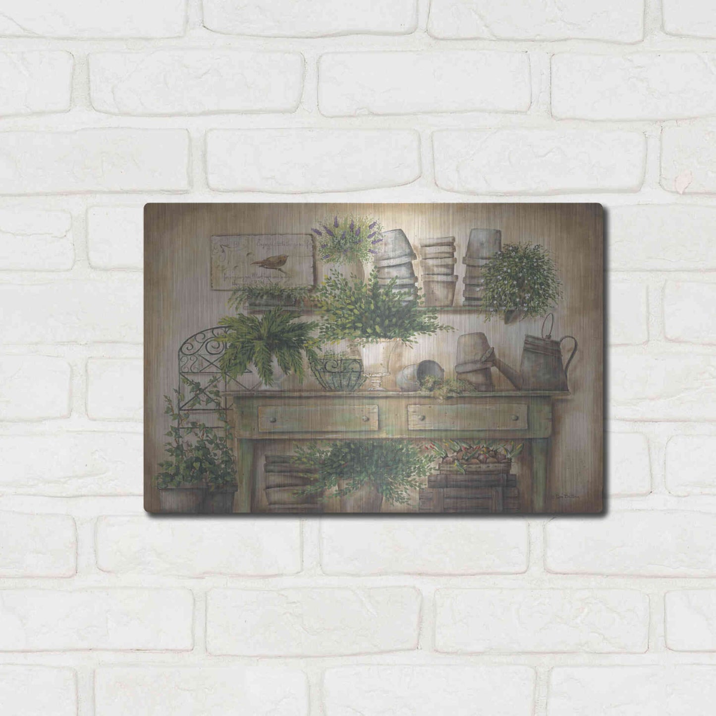 Luxe Metal Art 'Potting Bench I' by Pam Britton, Metal Wall Art,16x12