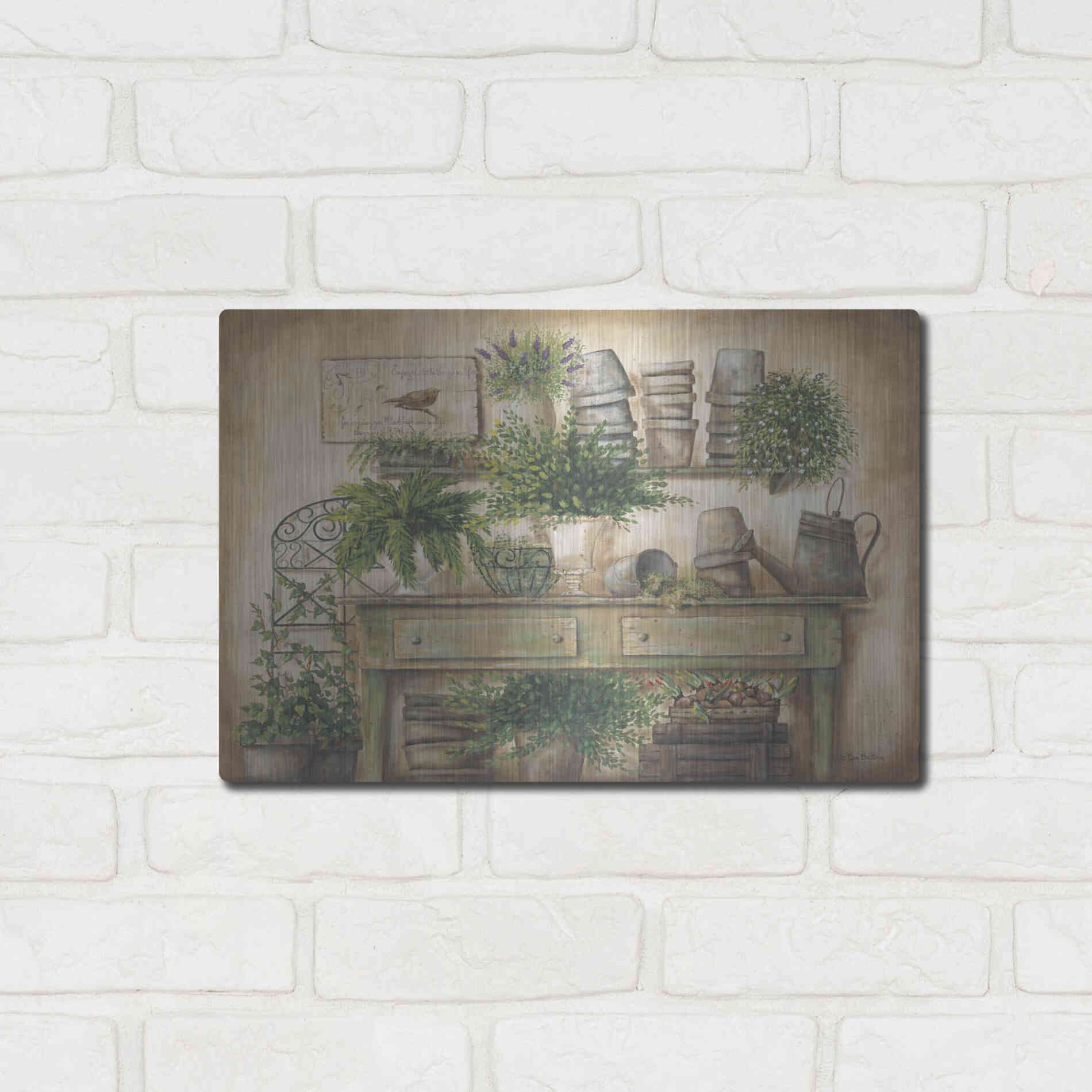 Luxe Metal Art 'Potting Bench I' by Pam Britton, Metal Wall Art,16x12