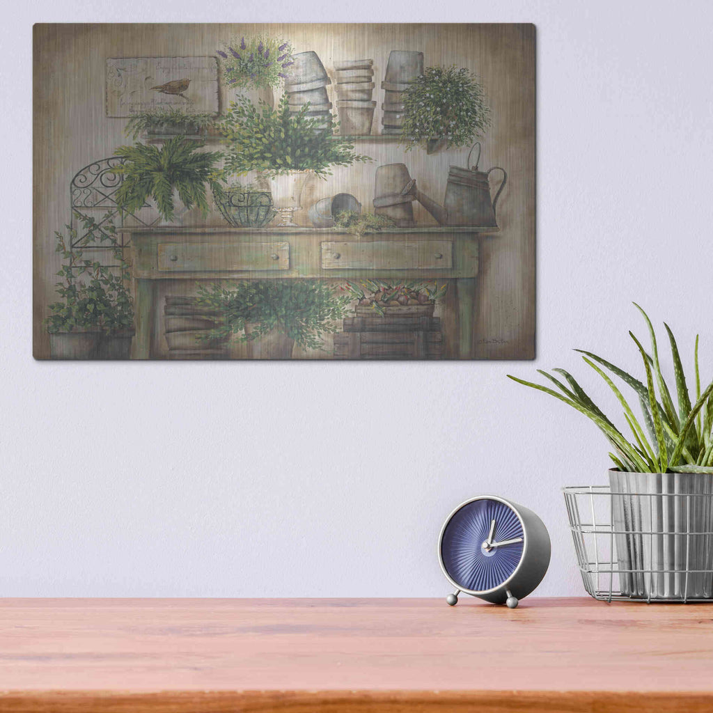 Luxe Metal Art 'Potting Bench I' by Pam Britton, Metal Wall Art,16x12