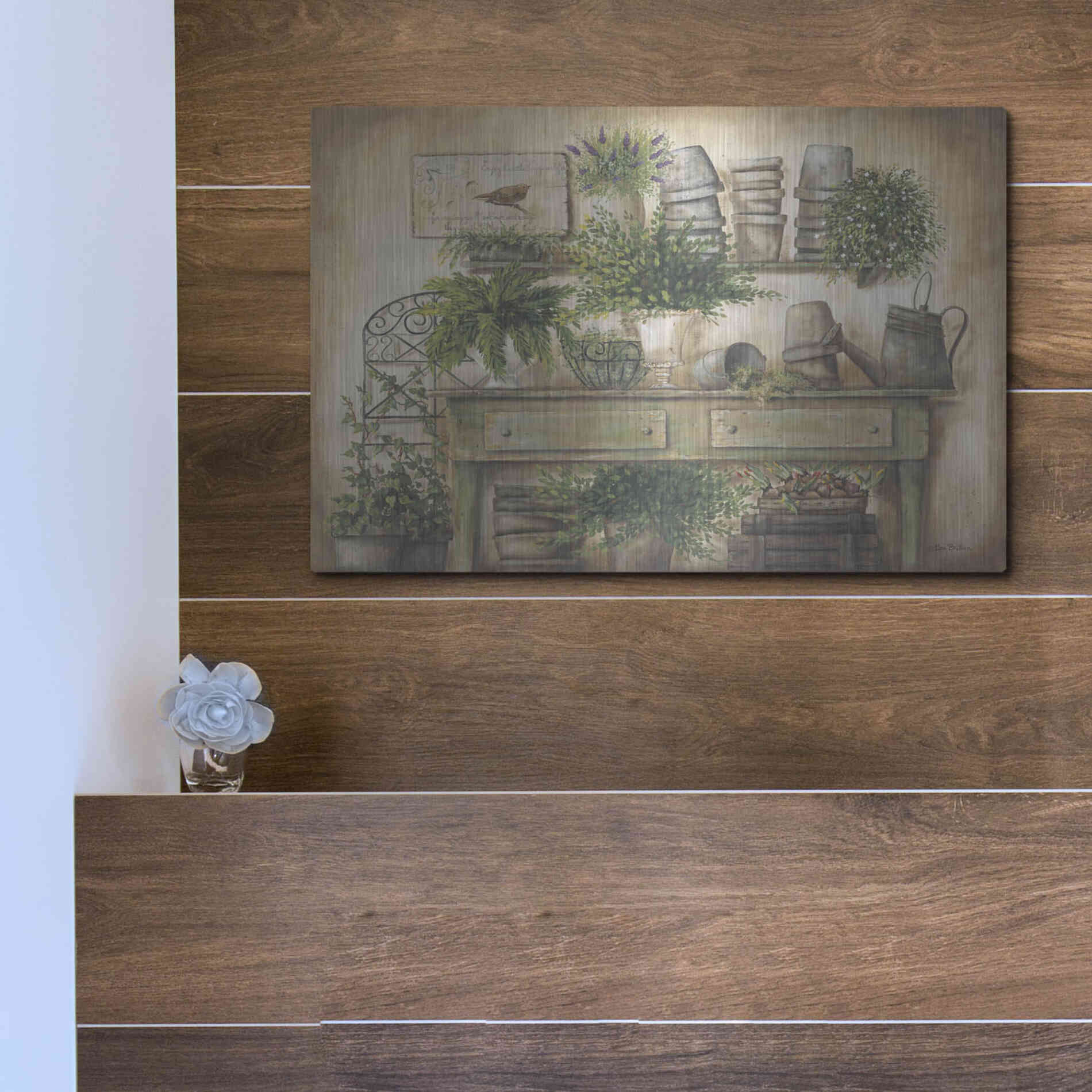 Luxe Metal Art 'Potting Bench I' by Pam Britton, Metal Wall Art,16x12