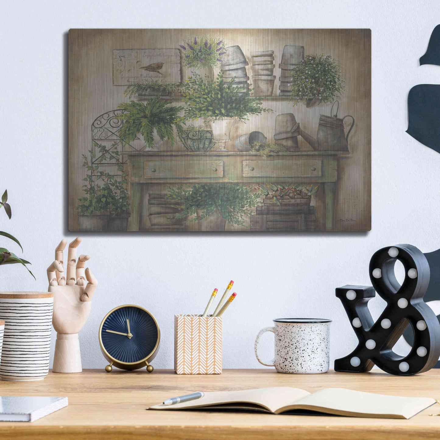 Luxe Metal Art 'Potting Bench I' by Pam Britton, Metal Wall Art,16x12