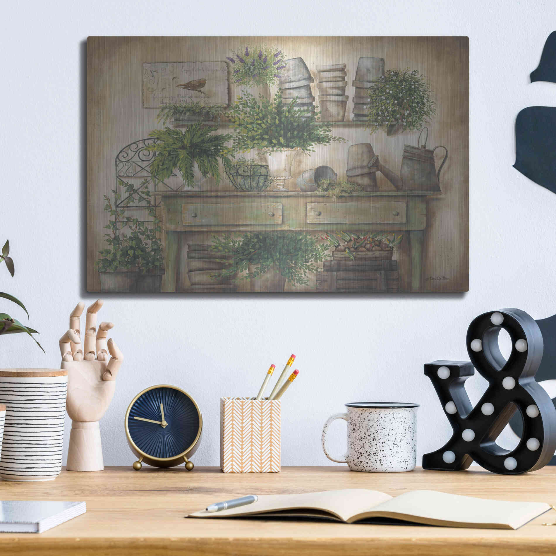 Luxe Metal Art 'Potting Bench I' by Pam Britton, Metal Wall Art,16x12