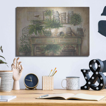 Luxe Metal Art 'Potting Bench I' by Pam Britton, Metal Wall Art,16x12