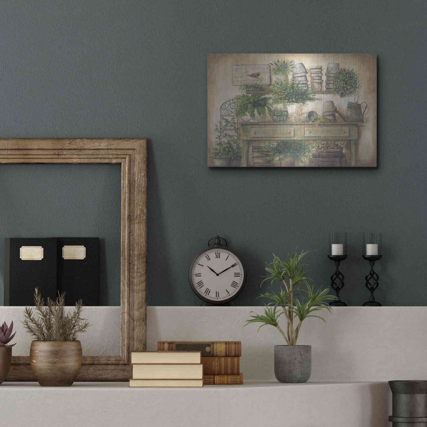 Luxe Metal Art 'Potting Bench I' by Pam Britton, Metal Wall Art,16x12