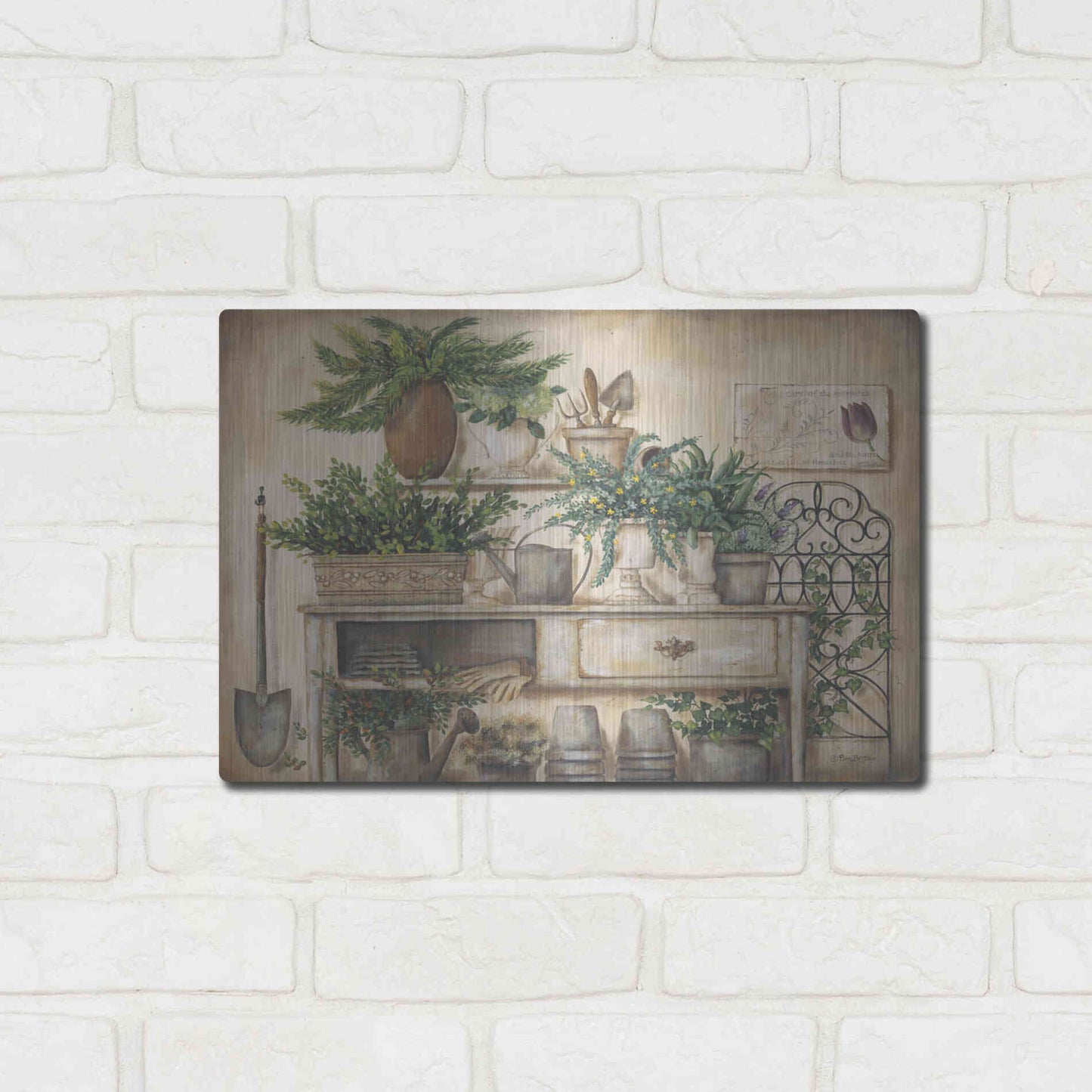 Luxe Metal Art 'Potting Bench II' by Pam Britton, Metal Wall Art,16x12