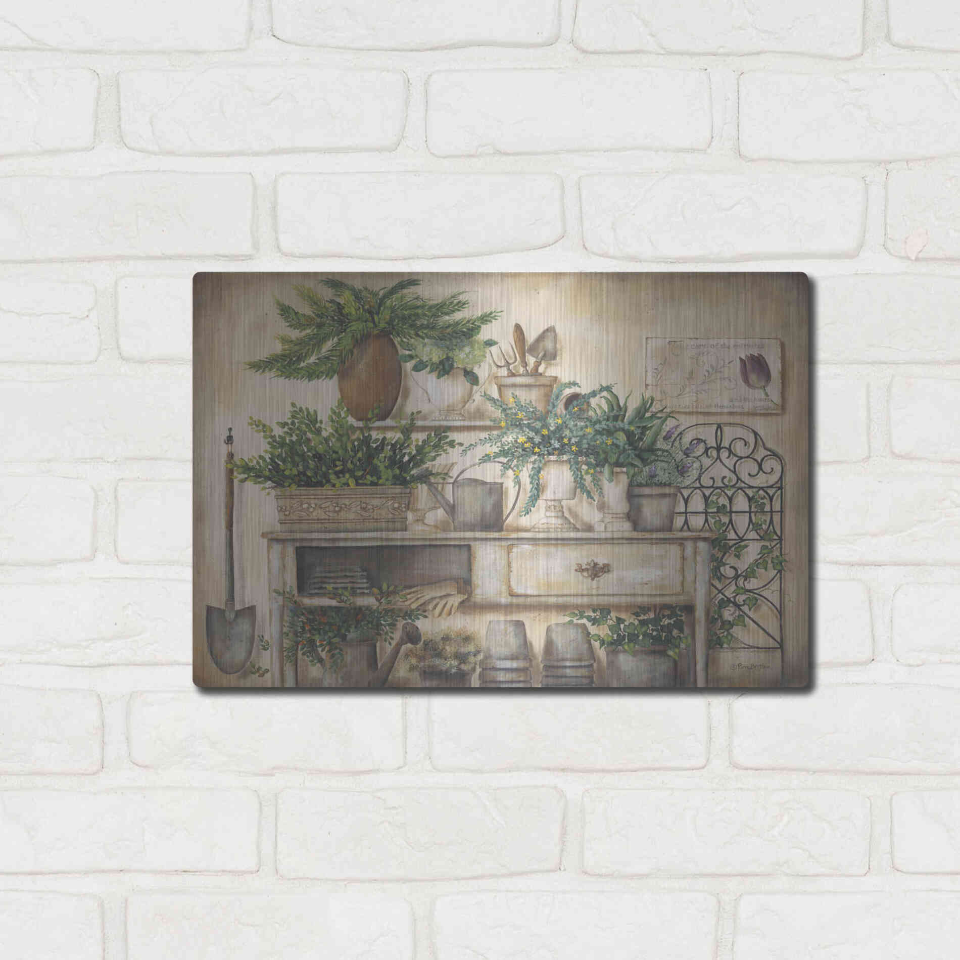 Luxe Metal Art 'Potting Bench II' by Pam Britton, Metal Wall Art,16x12