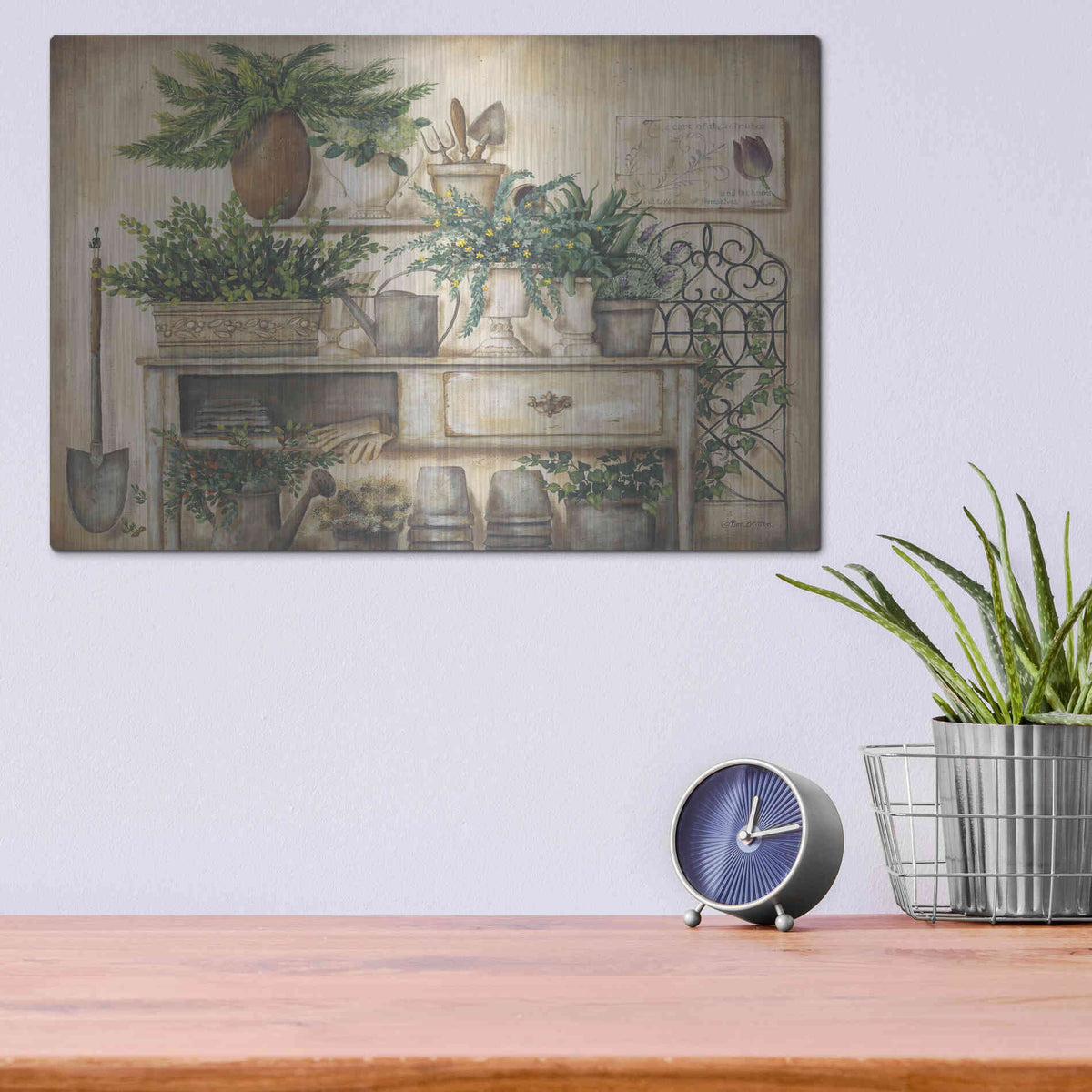 Luxe Metal Art 'Potting Bench II' by Pam Britton, Metal Wall Art,16x12