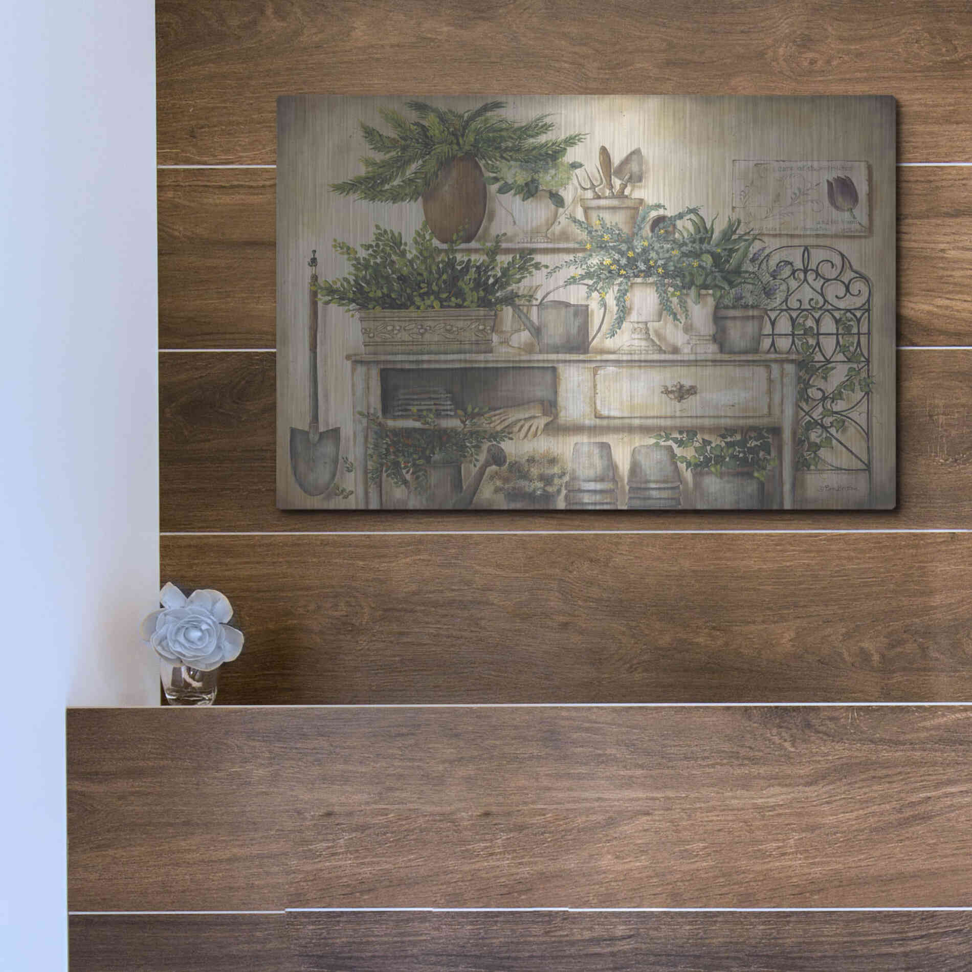 Luxe Metal Art 'Potting Bench II' by Pam Britton, Metal Wall Art,16x12