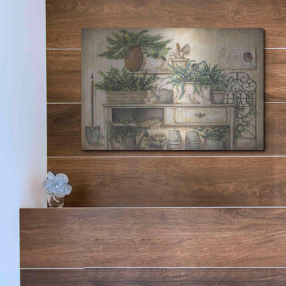 Luxe Metal Art 'Potting Bench II' by Pam Britton, Metal Wall Art,16x12