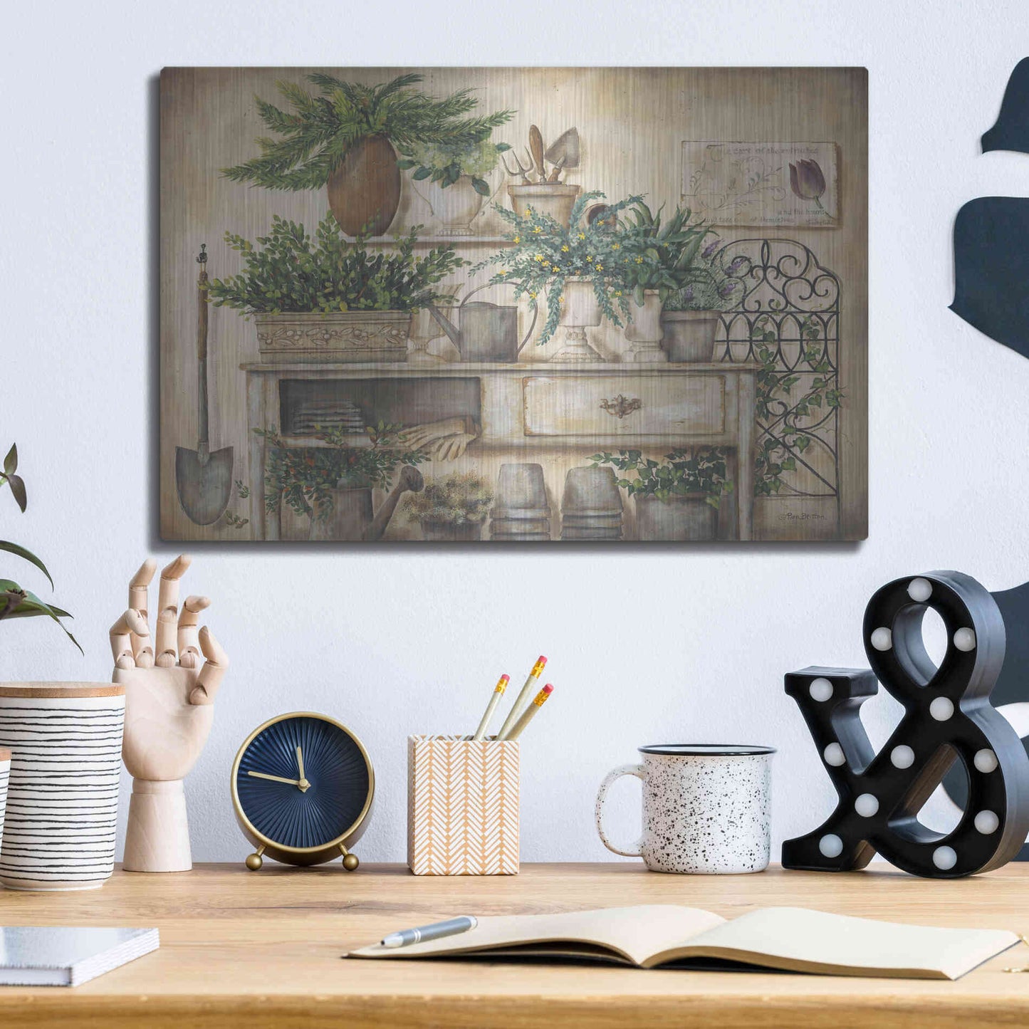 Luxe Metal Art 'Potting Bench II' by Pam Britton, Metal Wall Art,16x12