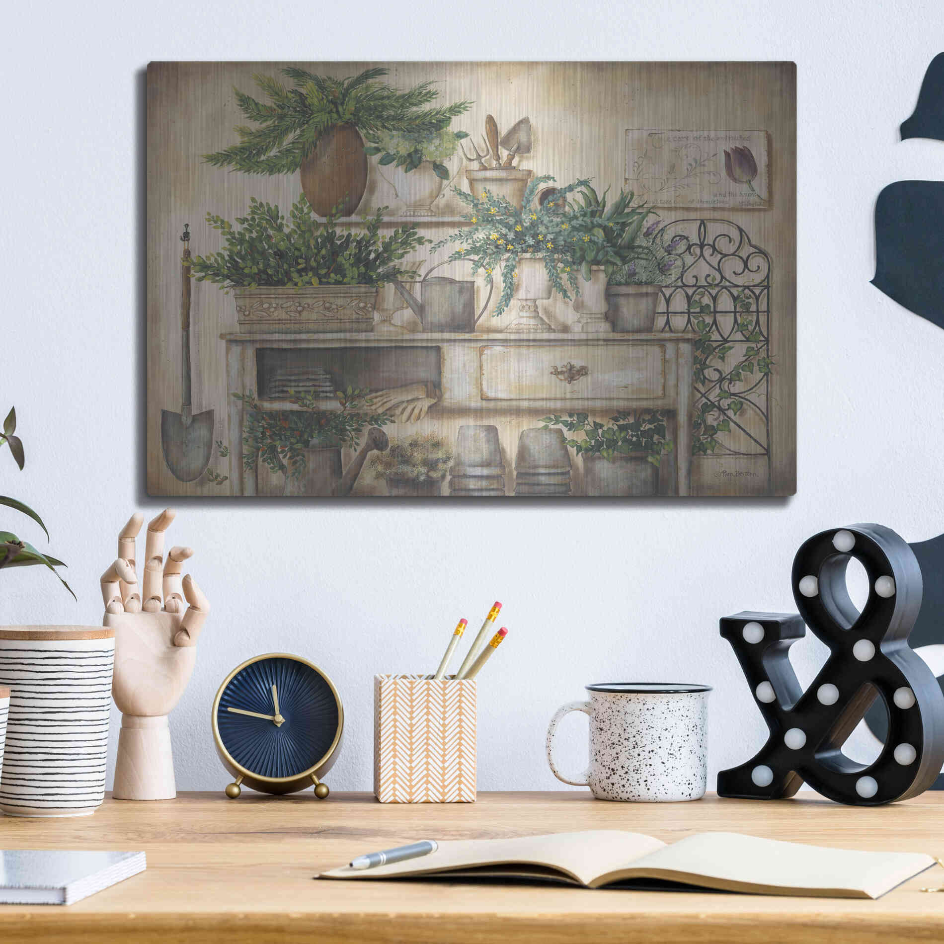 Luxe Metal Art 'Potting Bench II' by Pam Britton, Metal Wall Art,16x12