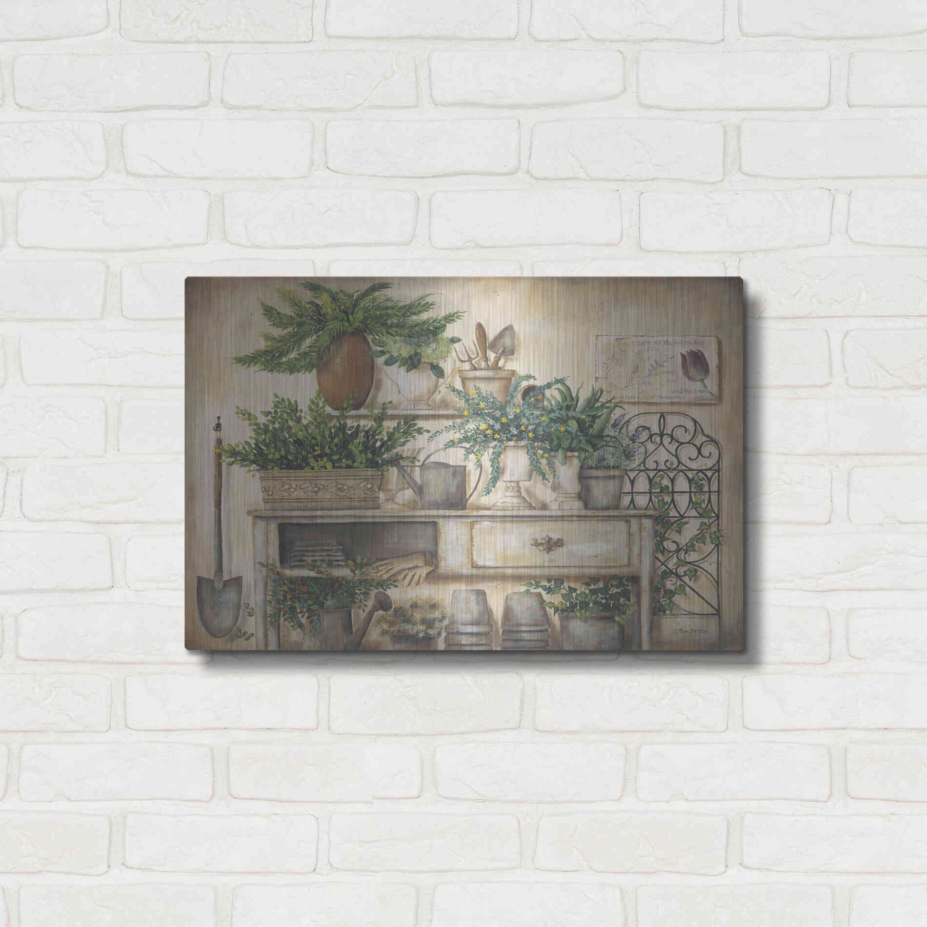 Luxe Metal Art 'Potting Bench II' by Pam Britton, Metal Wall Art,24x16