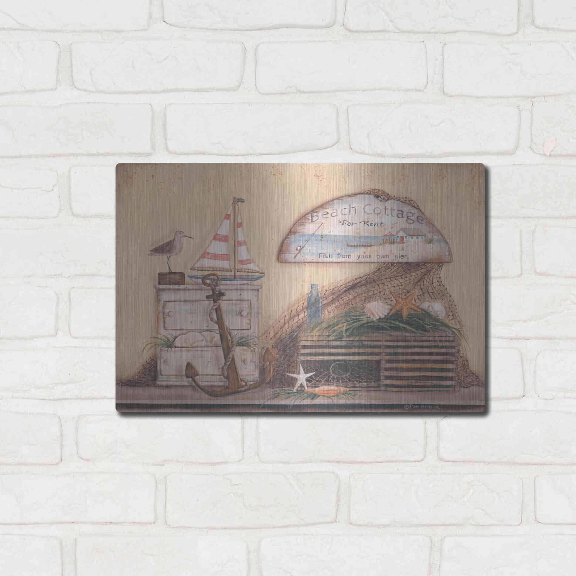 Luxe Metal Art 'Beach Cottage' by Pam Britton, Metal Wall Art,16x12