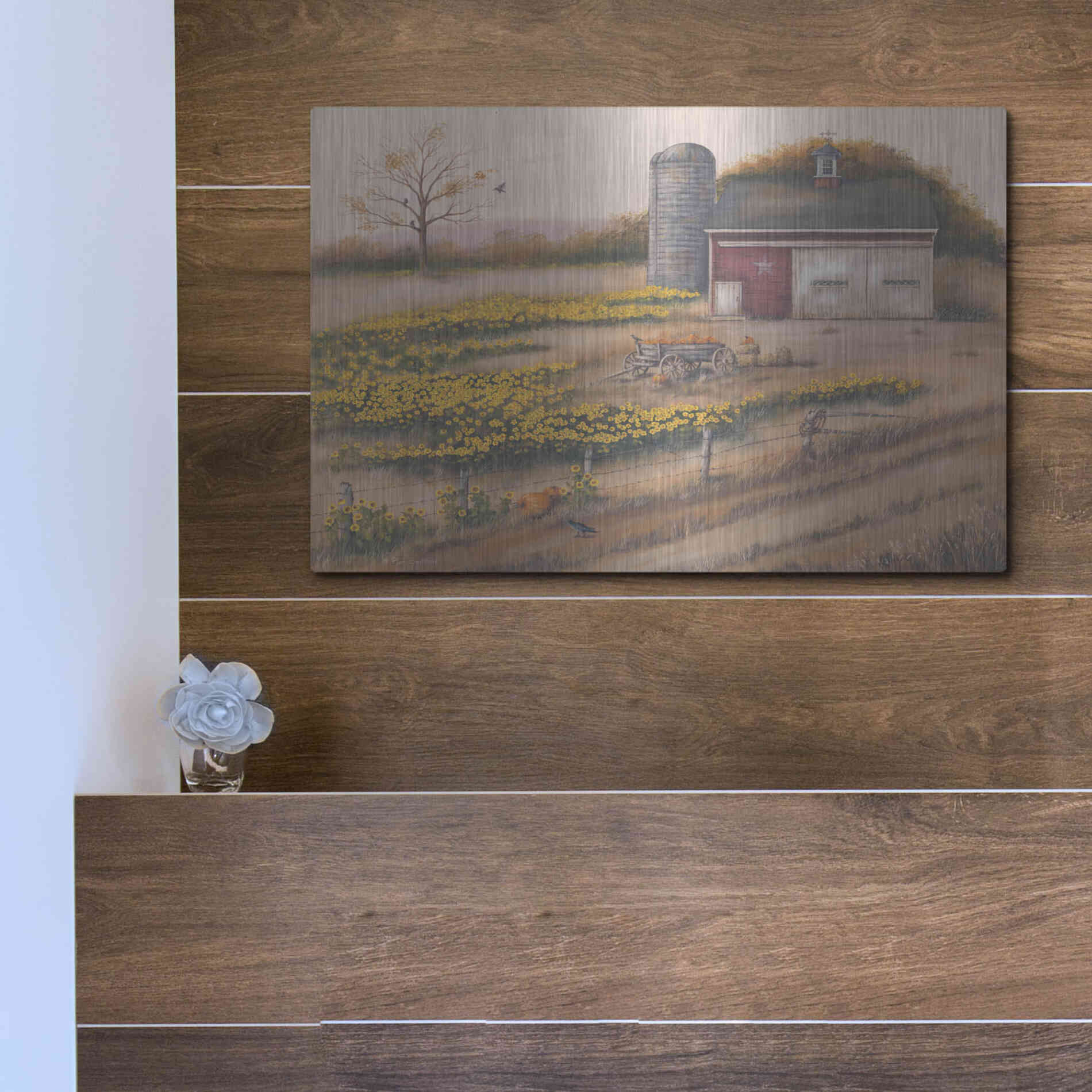 Luxe Metal Art 'Barn & Sunflowers I' by Pam Britton, Metal Wall Art,16x12