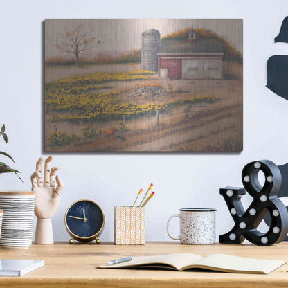 Luxe Metal Art 'Barn & Sunflowers I' by Pam Britton, Metal Wall Art,16x12