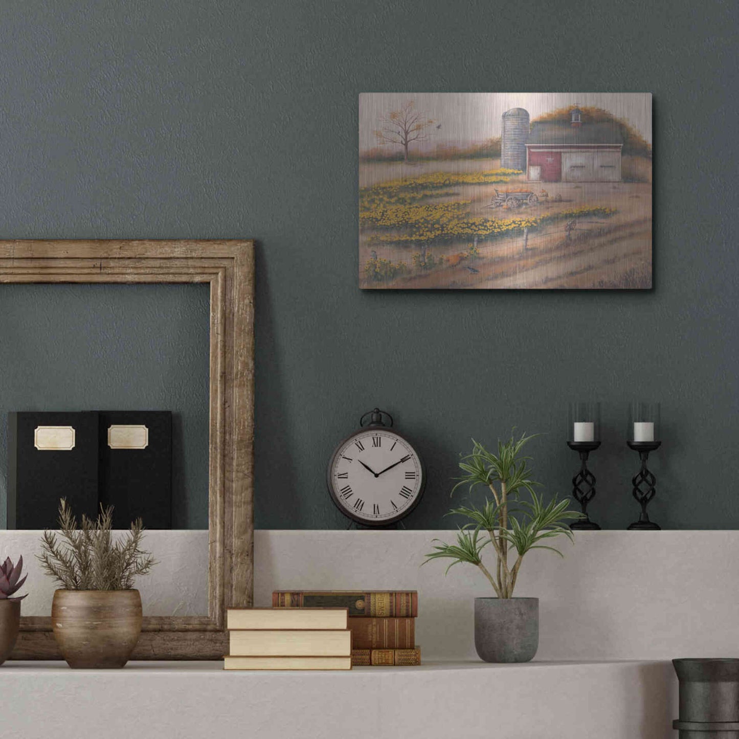 Luxe Metal Art 'Barn & Sunflowers I' by Pam Britton, Metal Wall Art,16x12