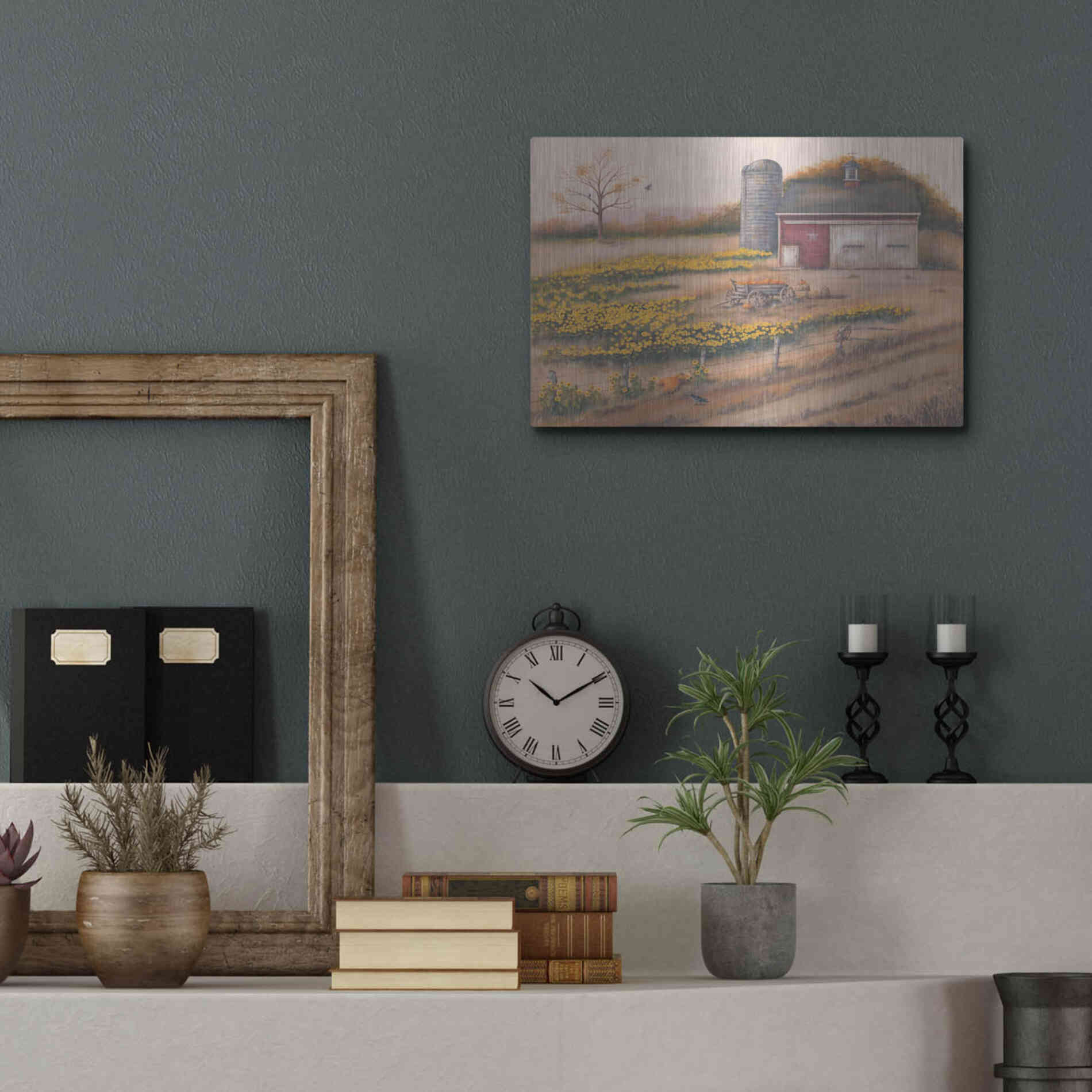 Luxe Metal Art 'Barn & Sunflowers I' by Pam Britton, Metal Wall Art,16x12