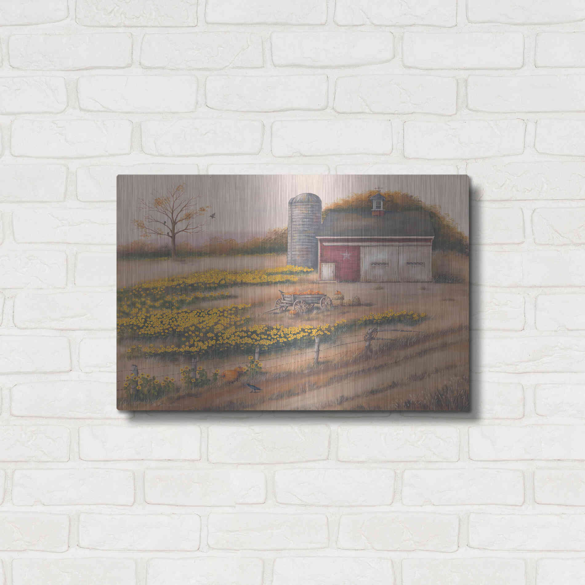 Luxe Metal Art 'Barn & Sunflowers I' by Pam Britton, Metal Wall Art,24x16