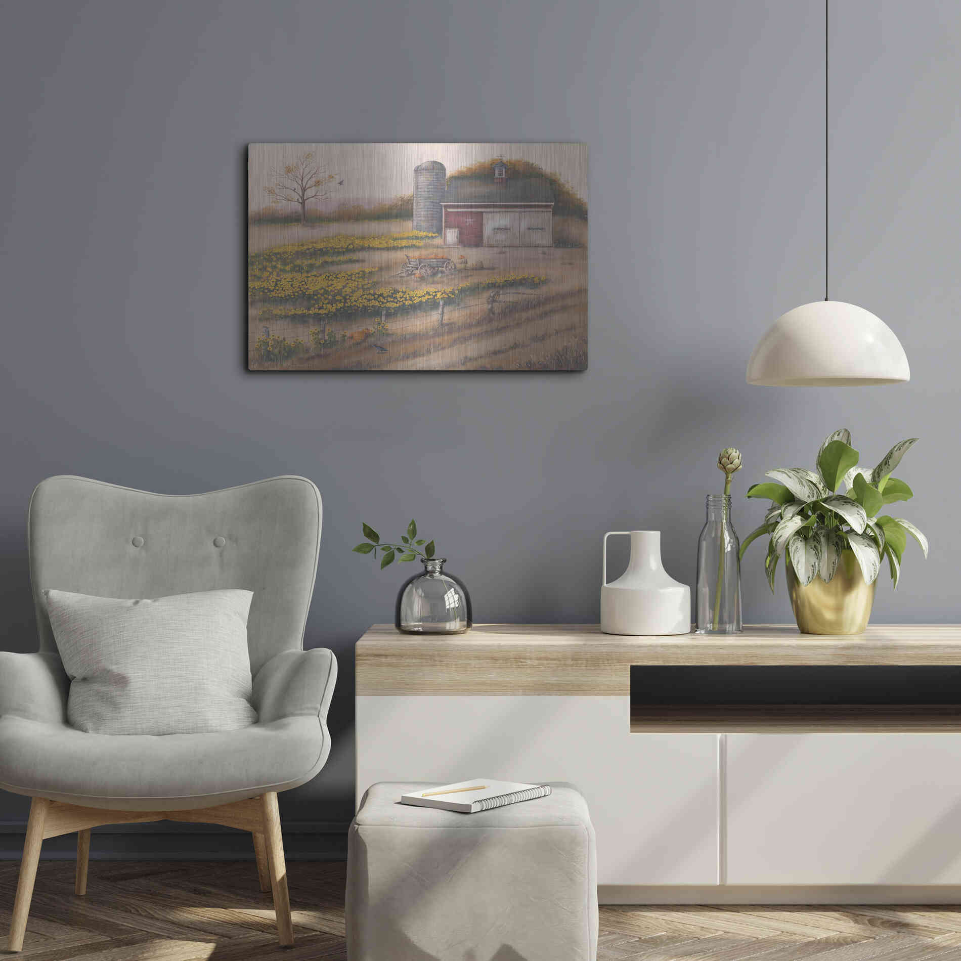 Luxe Metal Art 'Barn & Sunflowers I' by Pam Britton, Metal Wall Art,24x16