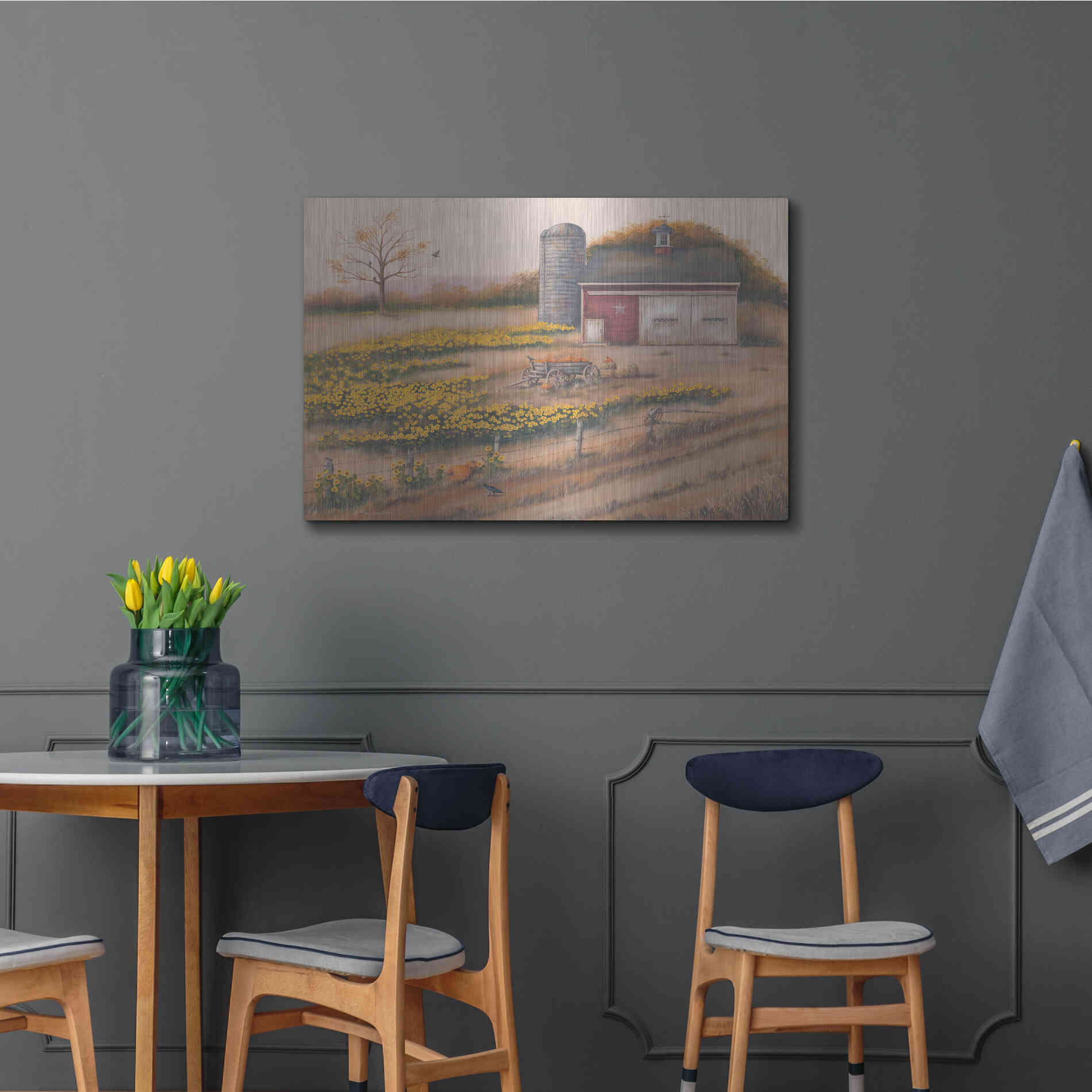 Luxe Metal Art 'Barn & Sunflowers I' by Pam Britton, Metal Wall Art,36x24