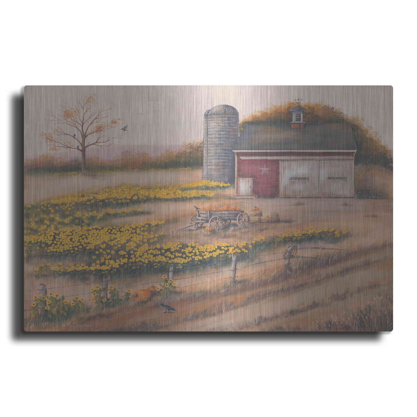 Luxe Metal Art 'Barn & Sunflowers I' by Pam Britton, Metal Wall Art
