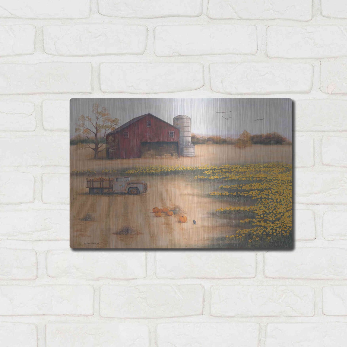 Luxe Metal Art 'Barn & Sunflowers II' by Pam Britton, Metal Wall Art,16x12