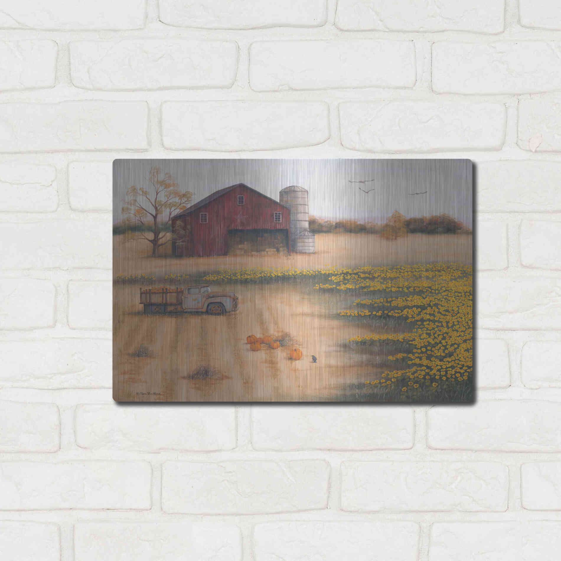 Luxe Metal Art 'Barn & Sunflowers II' by Pam Britton, Metal Wall Art,16x12