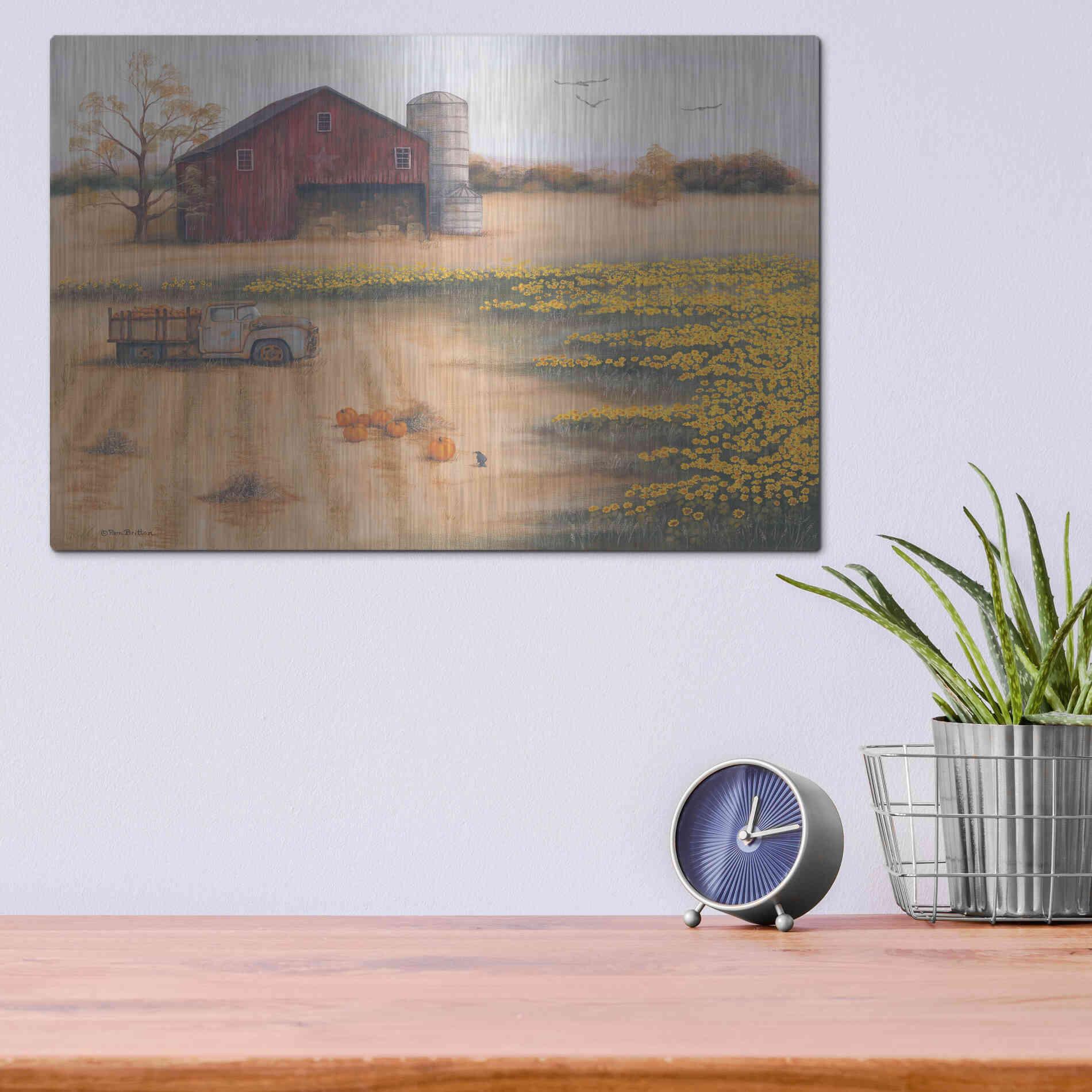 Luxe Metal Art 'Barn & Sunflowers II' by Pam Britton, Metal Wall Art,16x12