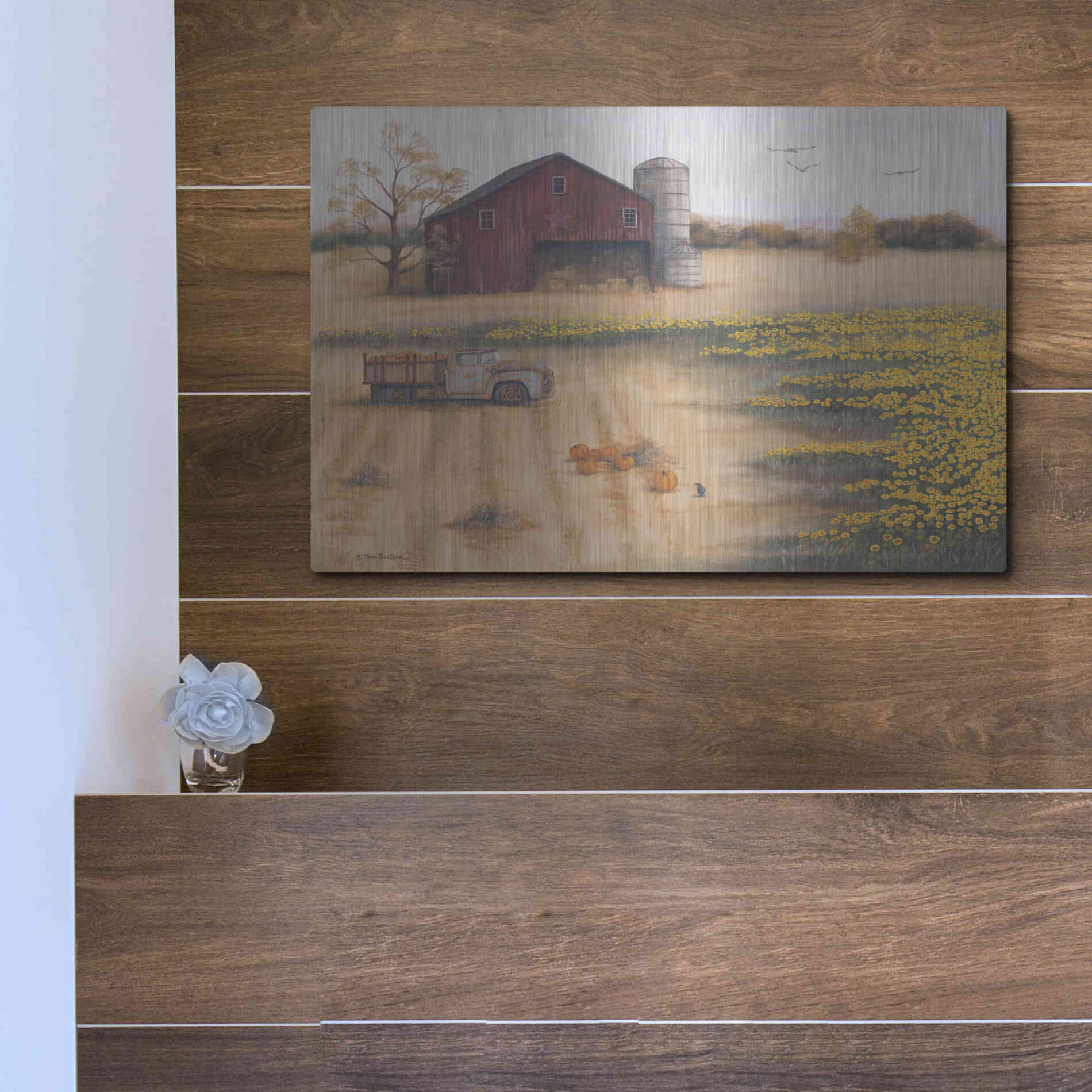 Luxe Metal Art 'Barn & Sunflowers II' by Pam Britton, Metal Wall Art,16x12