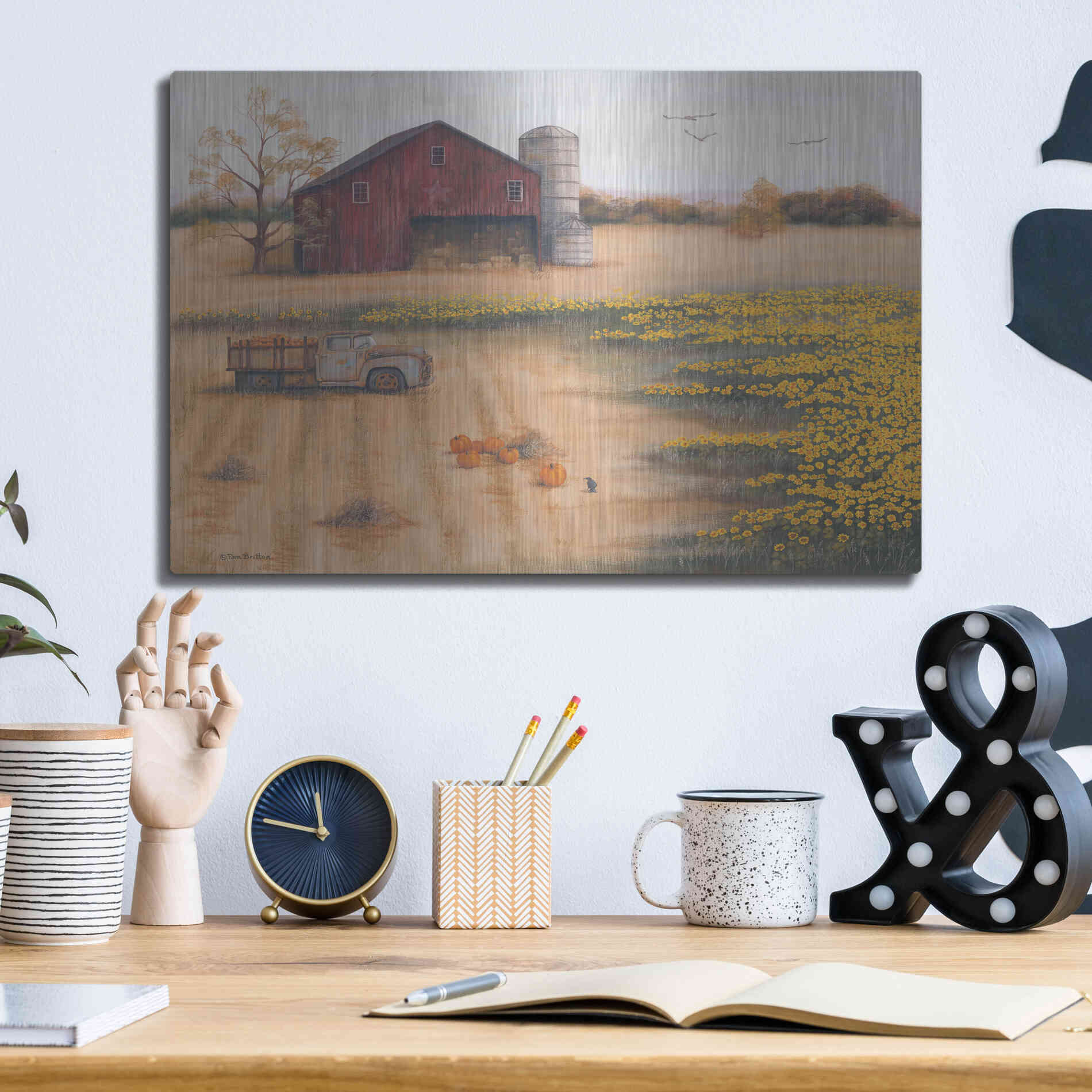 Luxe Metal Art 'Barn & Sunflowers II' by Pam Britton, Metal Wall Art,16x12