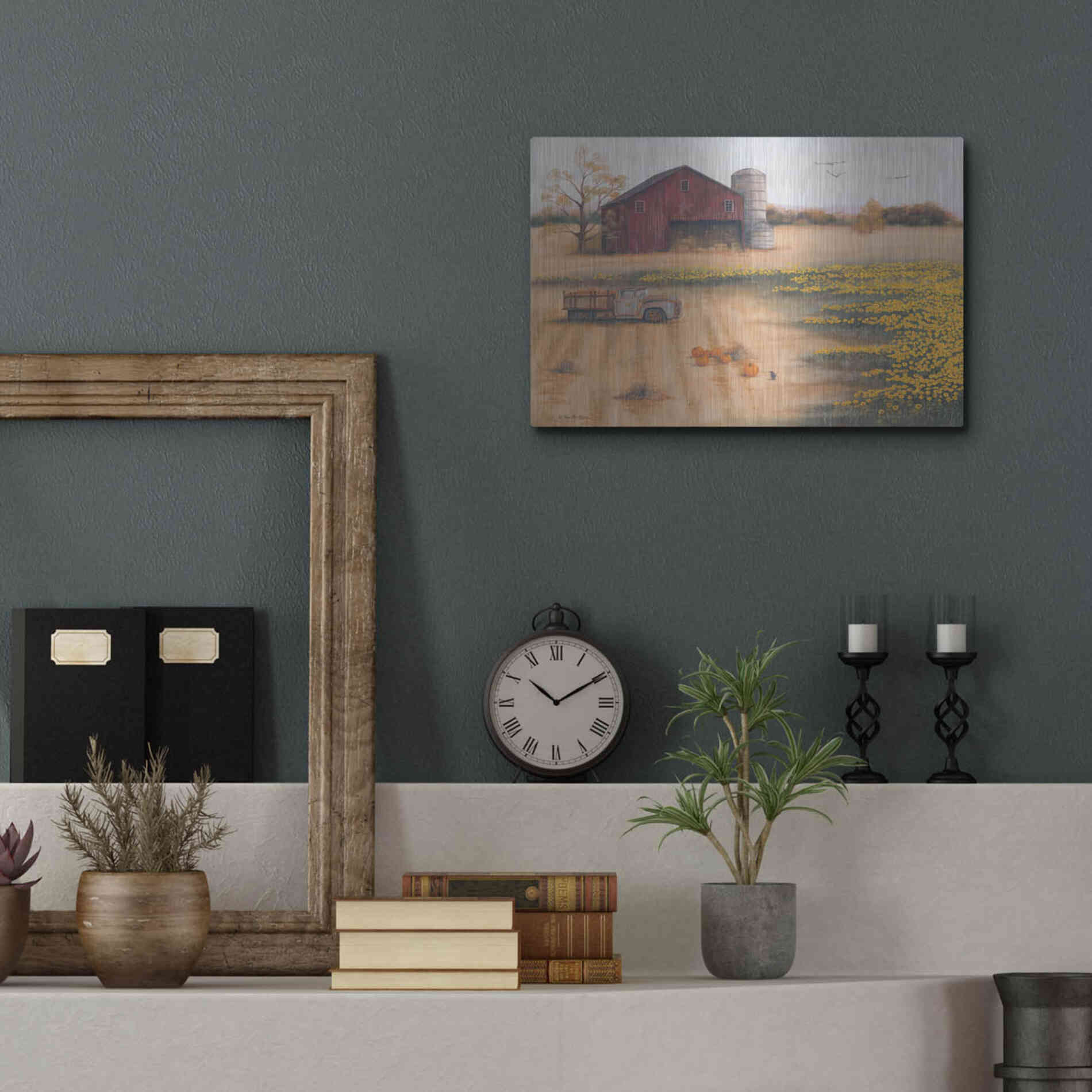 Luxe Metal Art 'Barn & Sunflowers II' by Pam Britton, Metal Wall Art,16x12