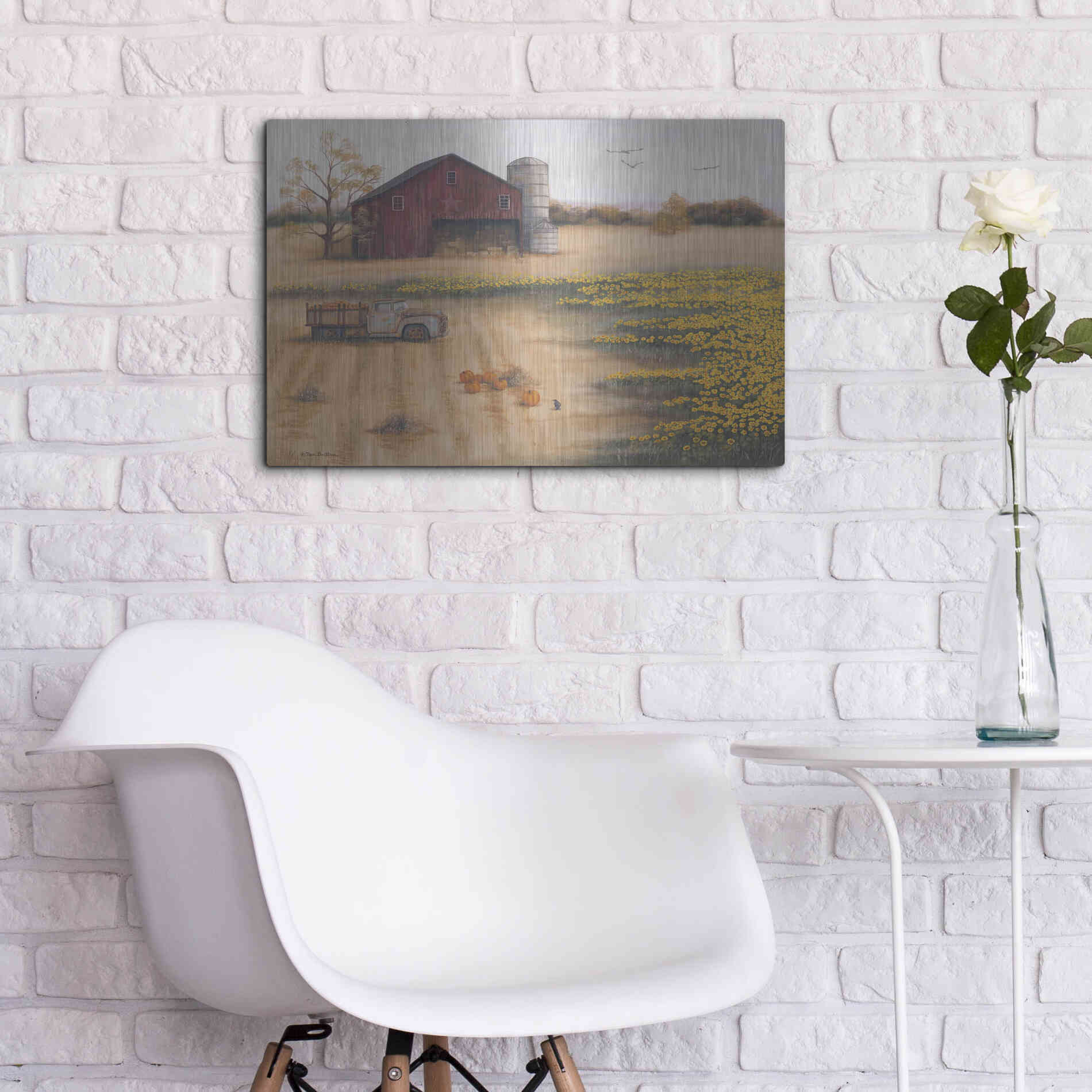 Luxe Metal Art 'Barn & Sunflowers II' by Pam Britton, Metal Wall Art,24x16