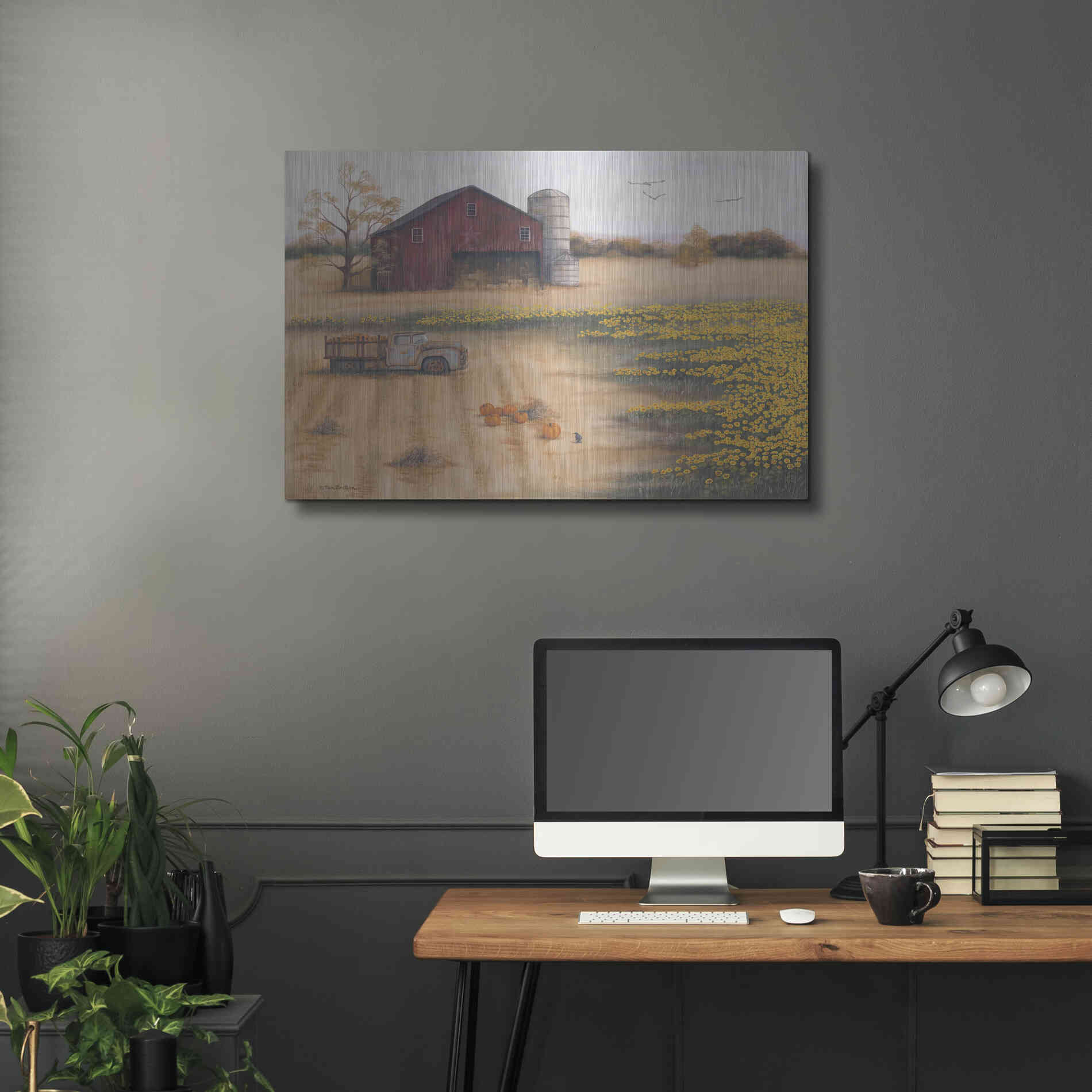 Luxe Metal Art 'Barn & Sunflowers II' by Pam Britton, Metal Wall Art,36x24