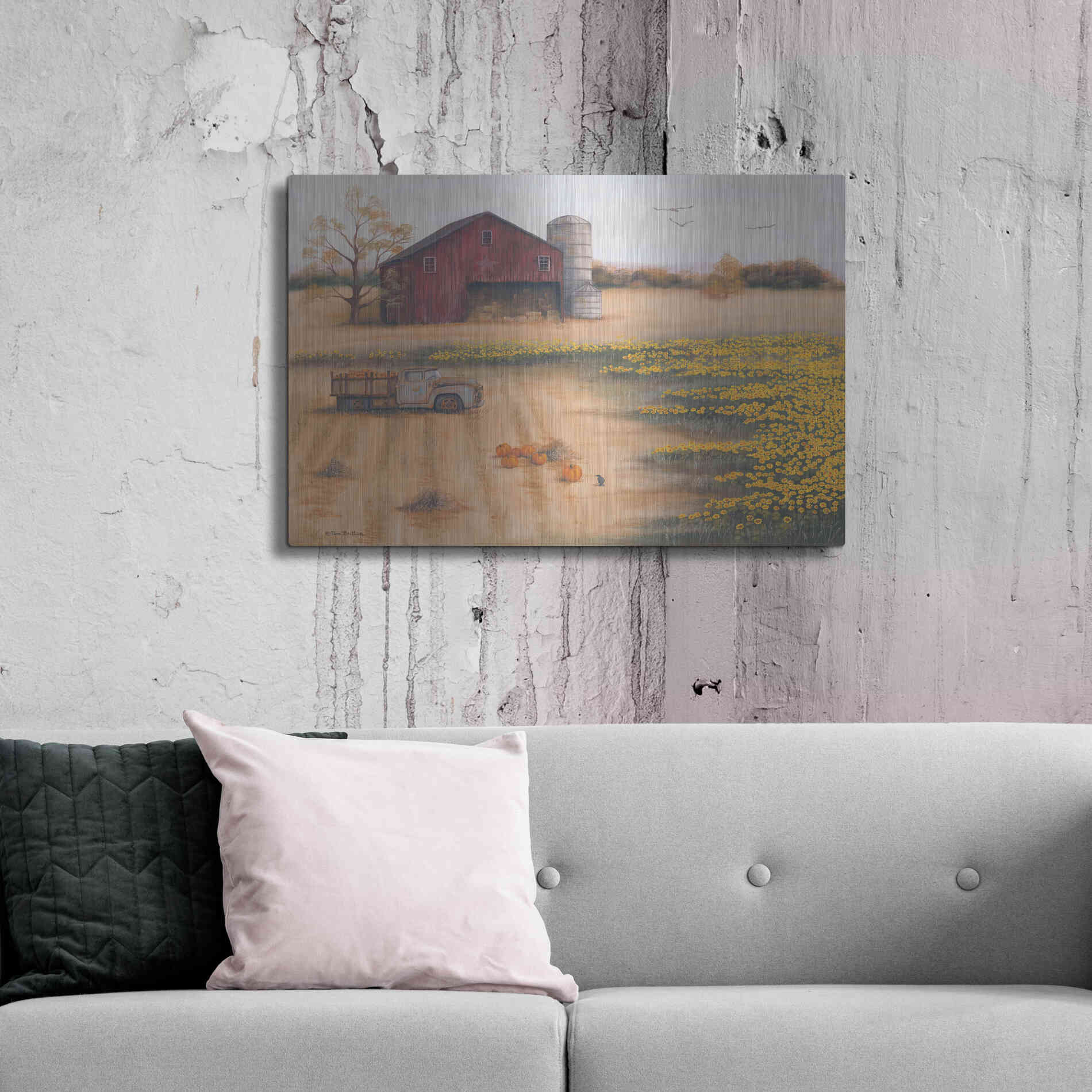 Luxe Metal Art 'Barn & Sunflowers II' by Pam Britton, Metal Wall Art,36x24