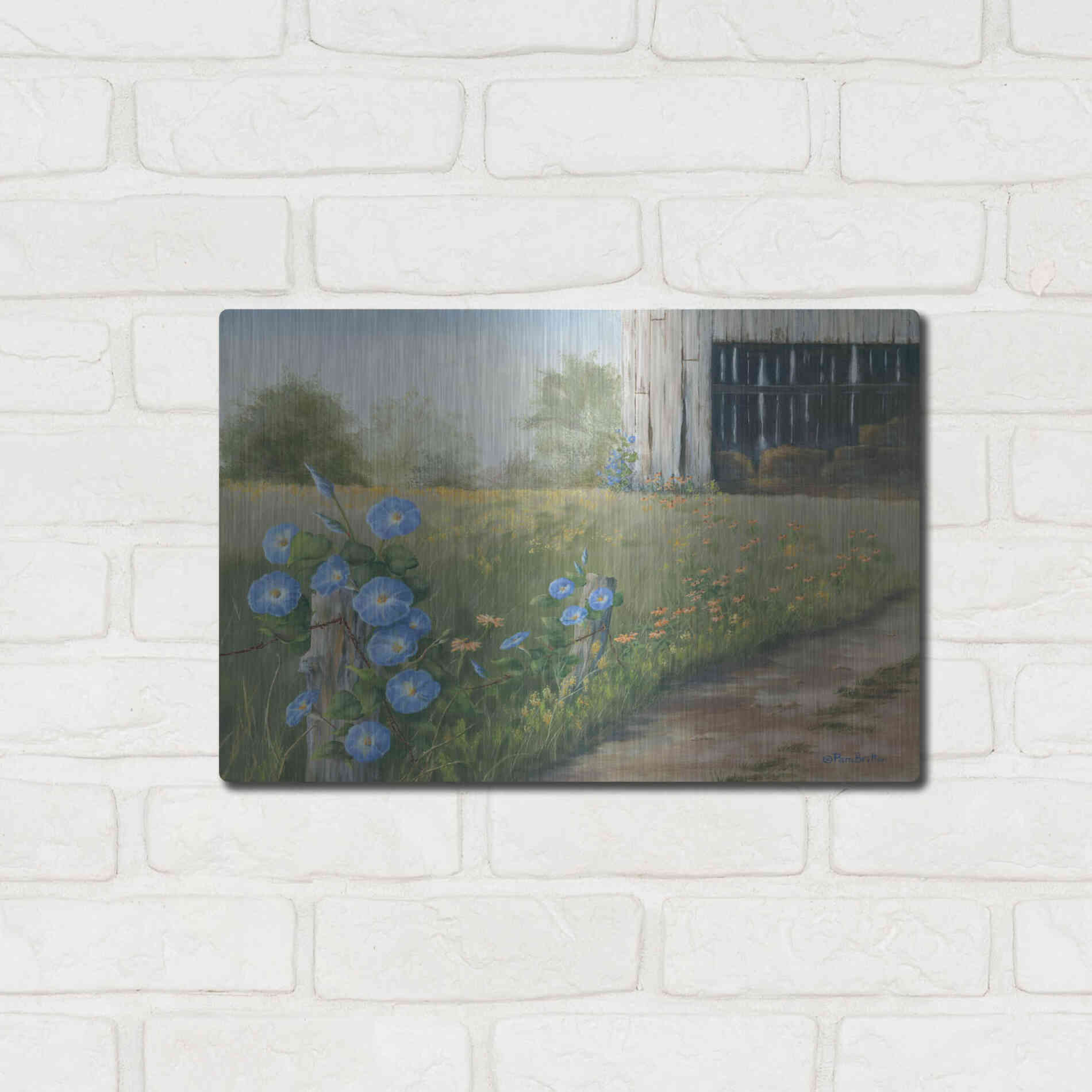 Luxe Metal Art 'Morning Glories & Hay Barn' by Pam Britton, Metal Wall Art,16x12
