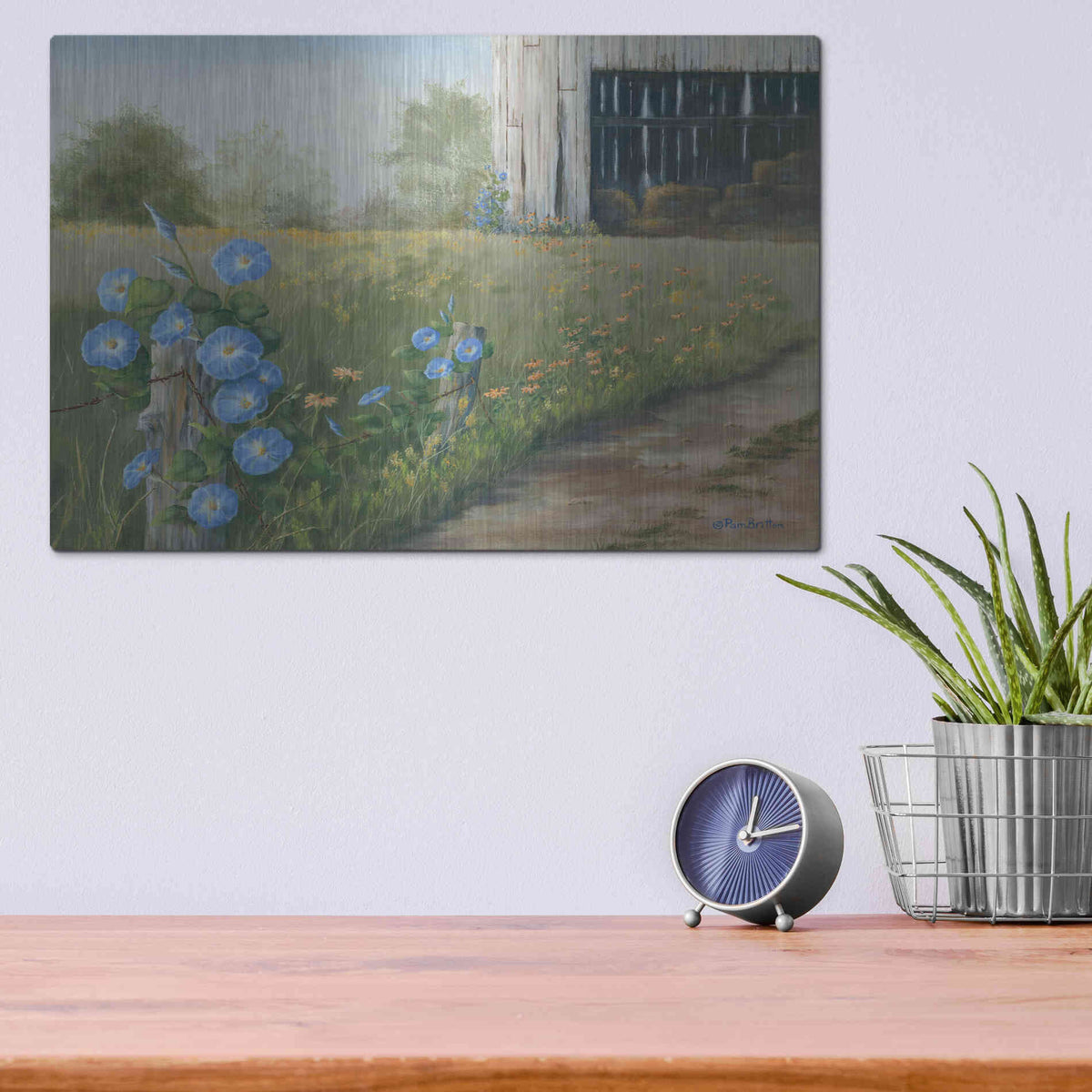 Luxe Metal Art 'Morning Glories & Hay Barn' by Pam Britton, Metal Wall Art,16x12