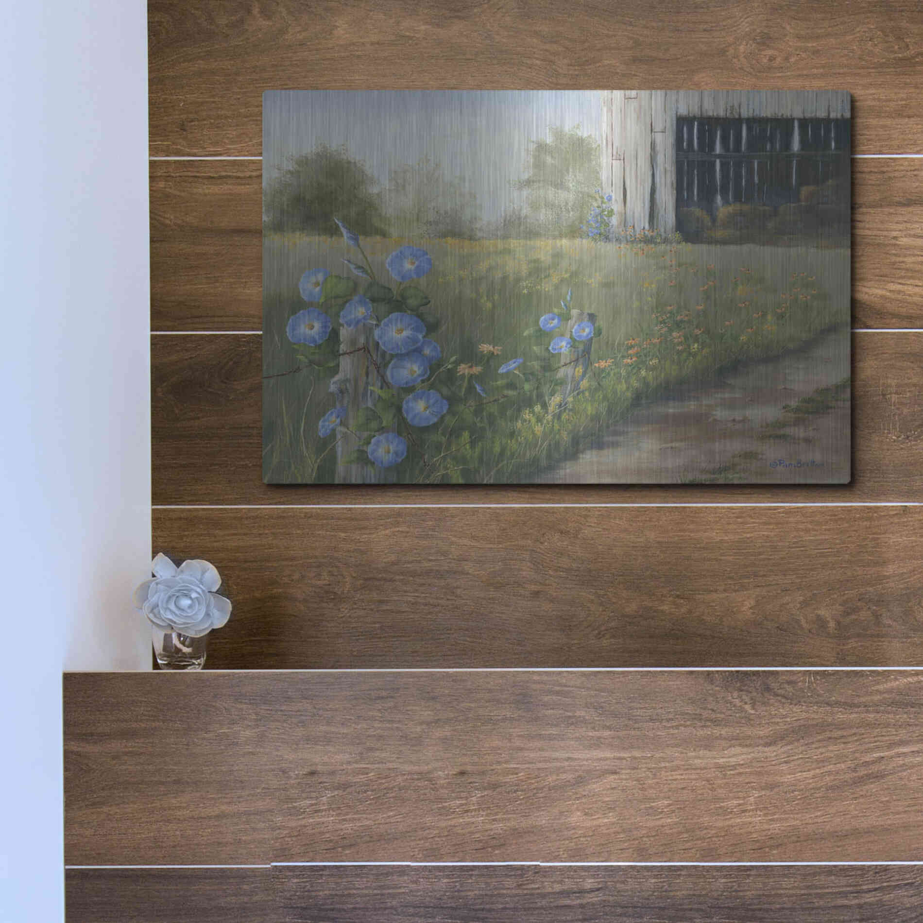 Luxe Metal Art 'Morning Glories & Hay Barn' by Pam Britton, Metal Wall Art,16x12