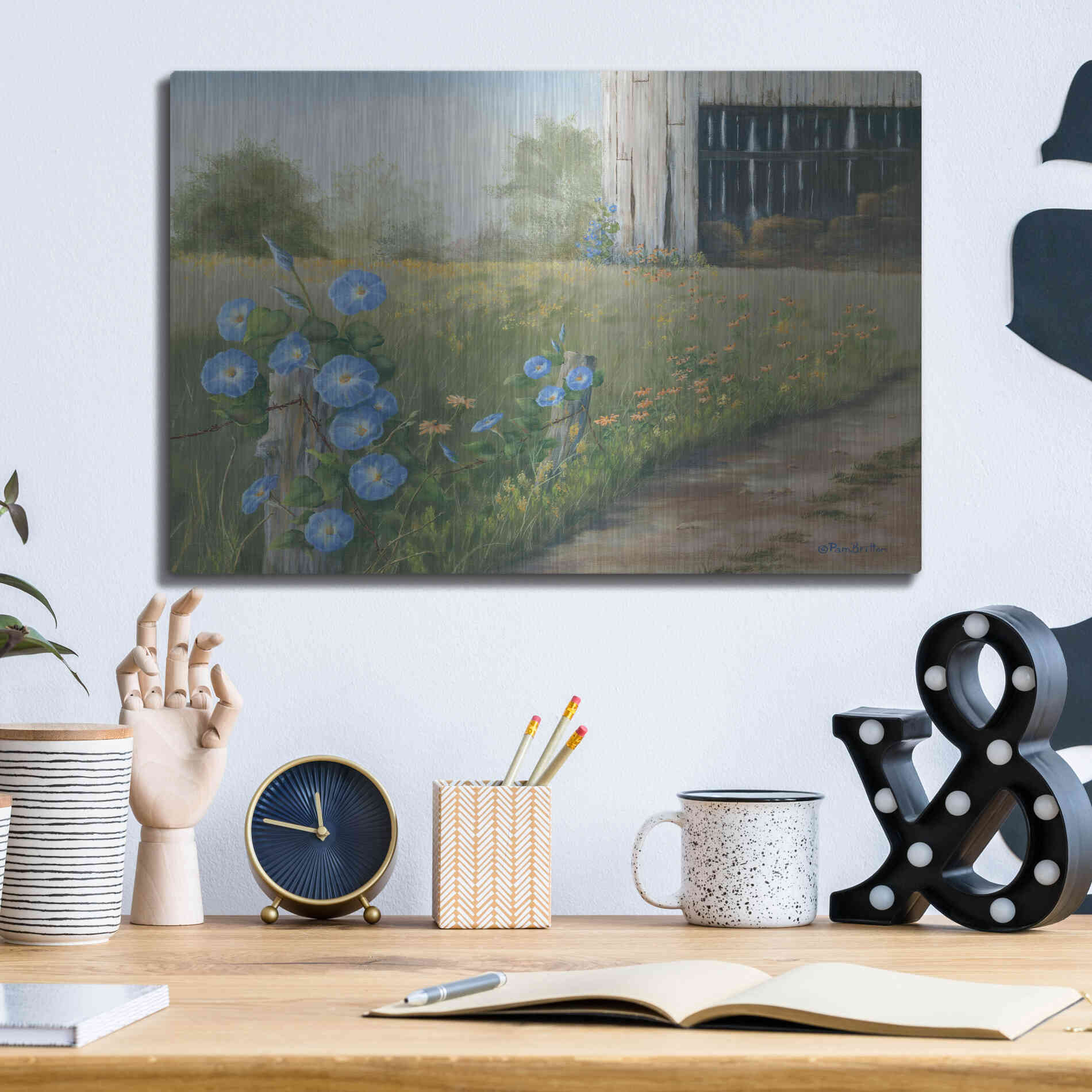 Luxe Metal Art 'Morning Glories & Hay Barn' by Pam Britton, Metal Wall Art,16x12