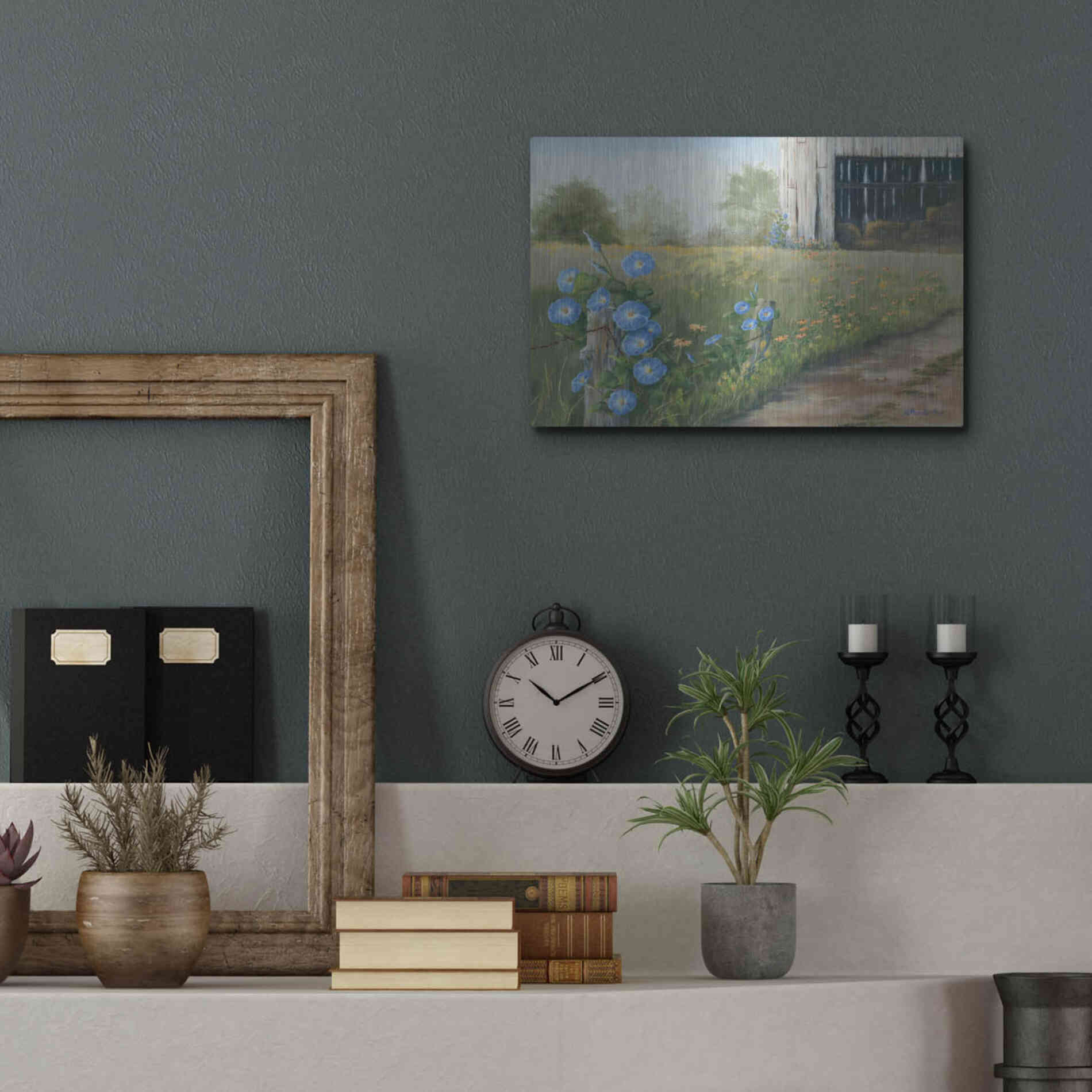 Luxe Metal Art 'Morning Glories & Hay Barn' by Pam Britton, Metal Wall Art,16x12